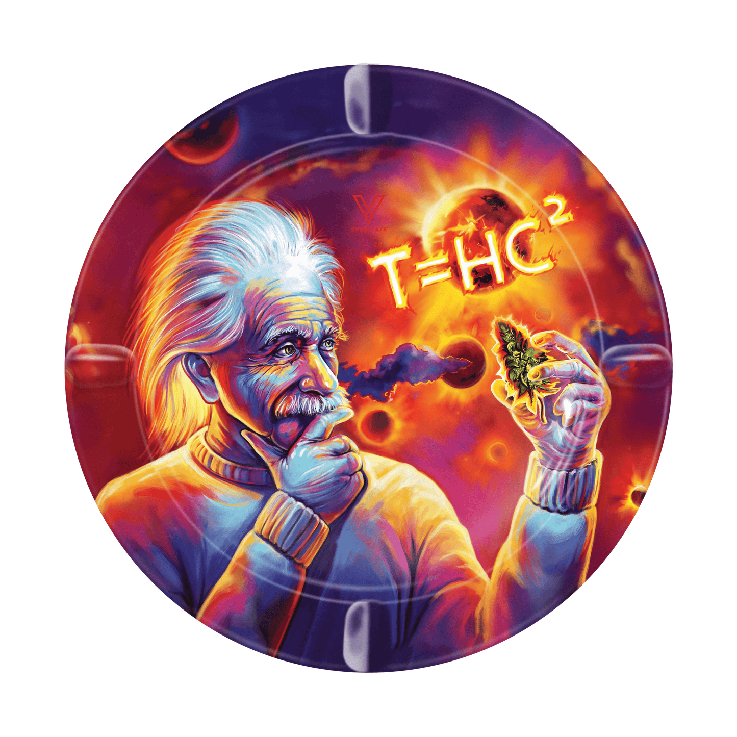 A detailed illustration adorns the V-Syndicate Metal Ashtray, featuring a portrait-style composition with vibrant colors and ornate details.