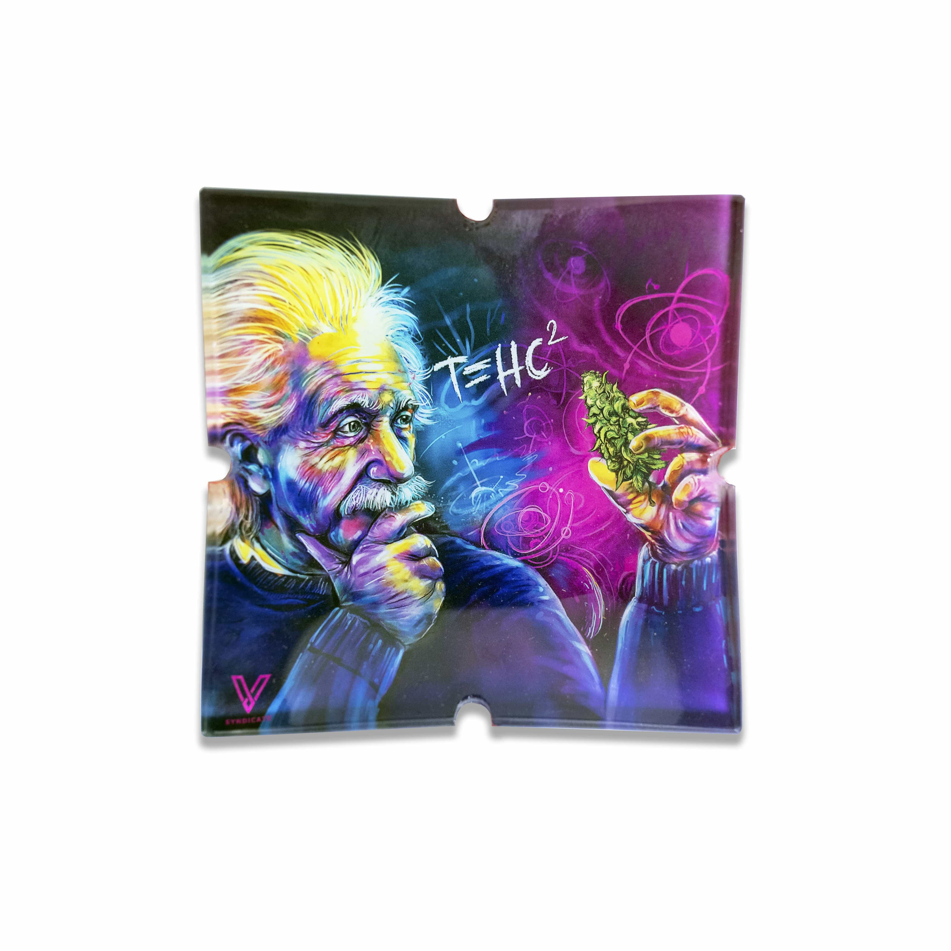 The V-Syndicate Glass Ashtray features a portrait of Albert Einstein amid colorful, swirling abstract patterns.
