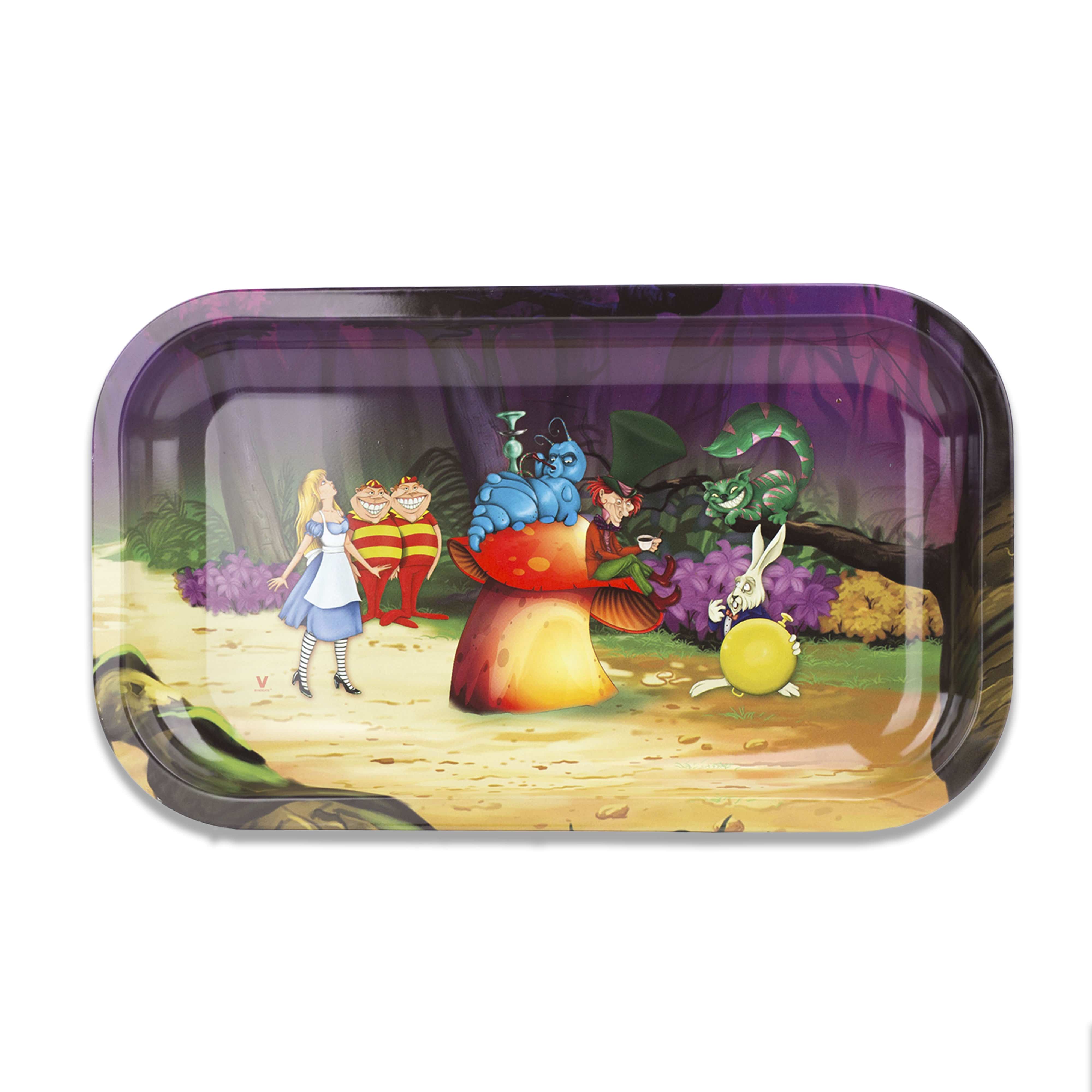 A high-angle view of the V-Syndicate Metal Rolling Trays depicting a whimsical scene with characters from Alice in Wonderland.