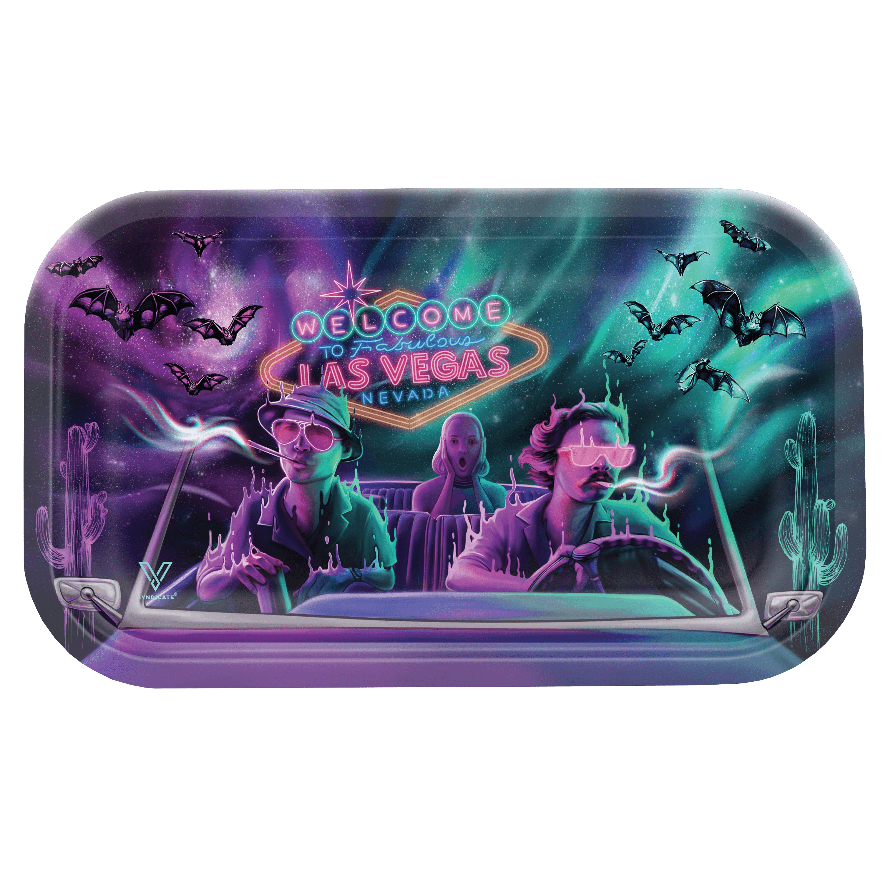 A top-down view of the V-Syndicate Metal Rolling Trays featuring a dark, gothic design with bat silhouettes and a reflective metallic surface.