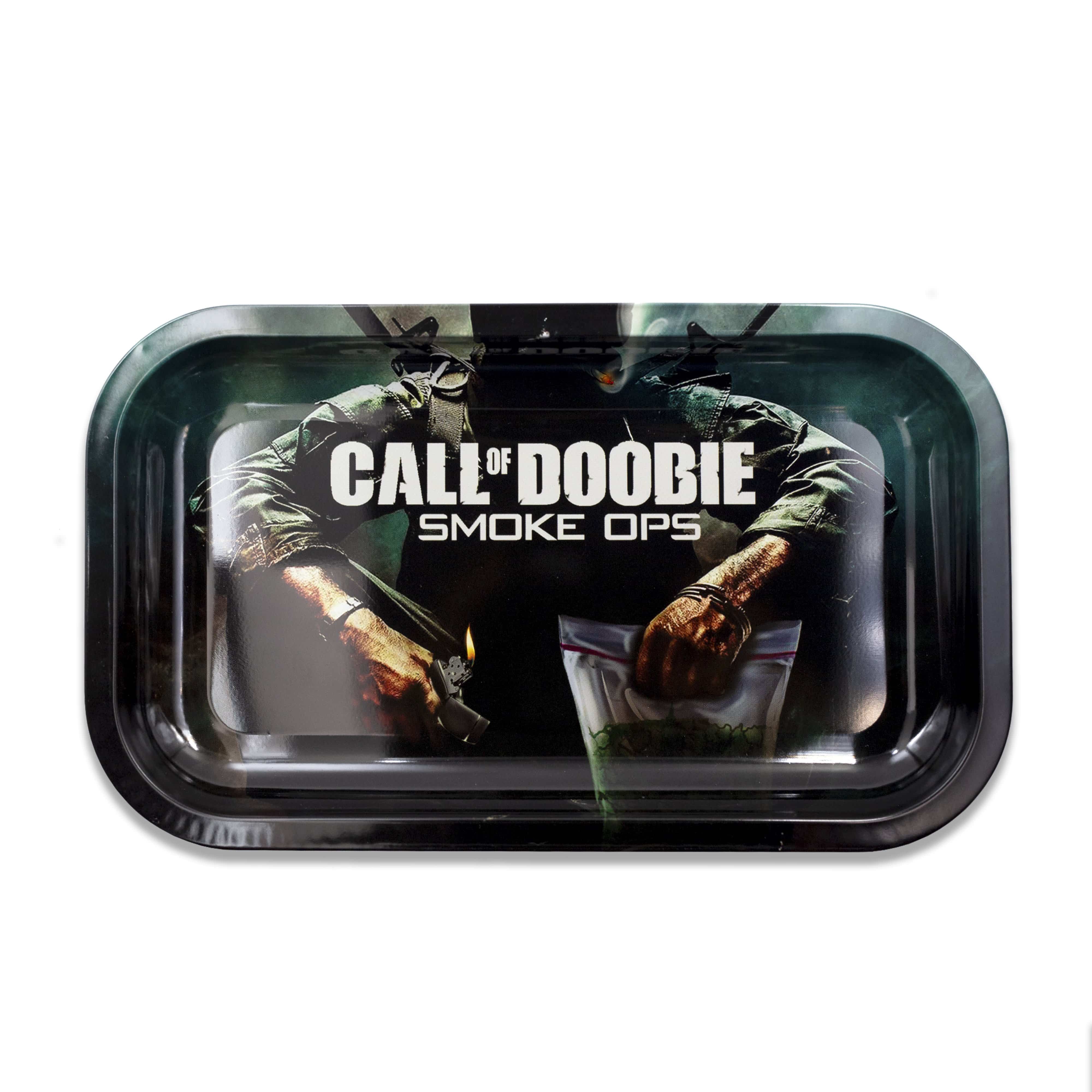 A close-up, angled view of the V-Syndicate Metal Rolling Tray displaying a colorful graphic design within its rectangular metal frame.