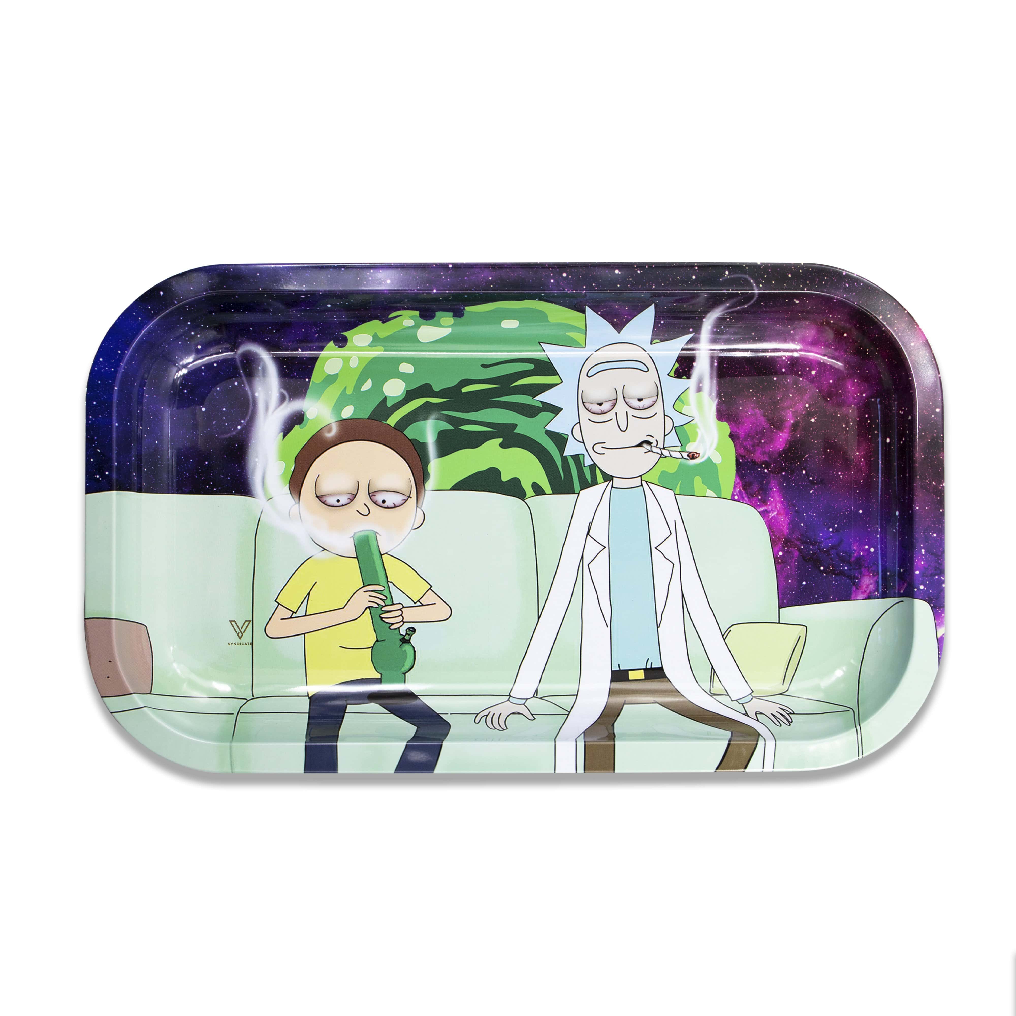 A vibrant, angled view of the V-Syndicate Metal Rolling Trays depicting a character against a cosmic, starry background.
