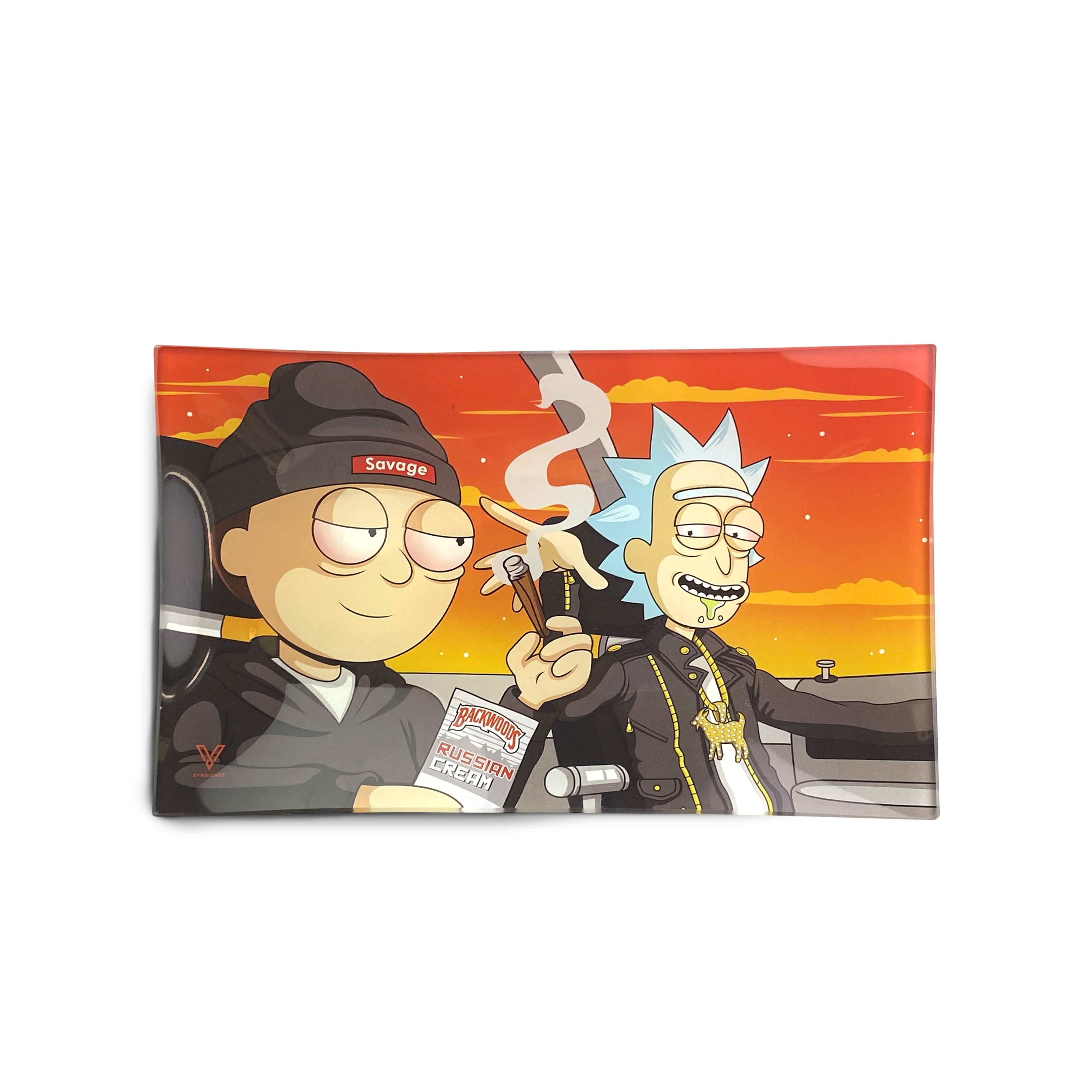 A high-angle view of the V-Syndicate Glass Rolling Trays featuring a detailed, colorful graphic design on a flat surface.