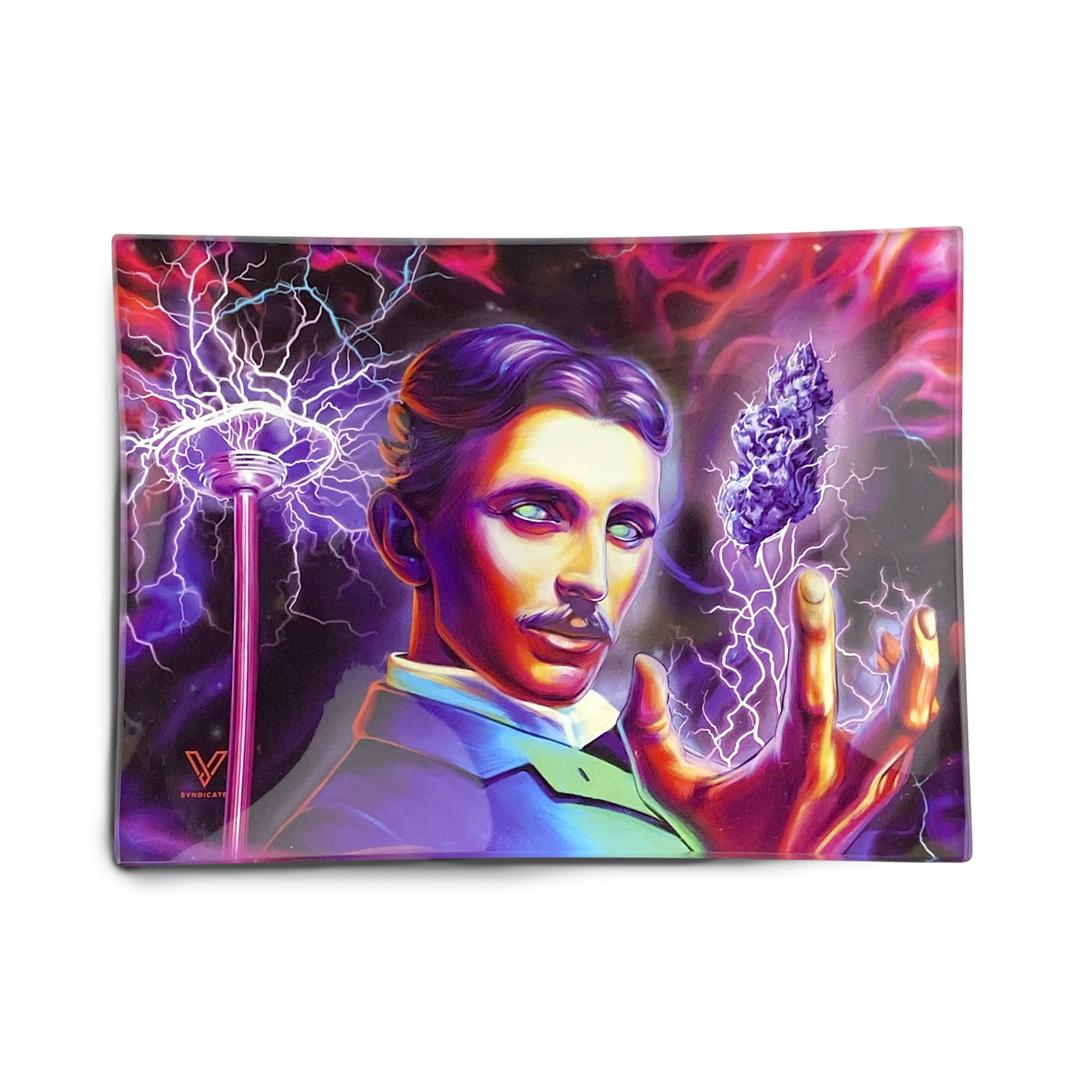 A striking portrait features prominently on this V-Syndicate Glass Rolling Tray, illuminated with electric blue energy.