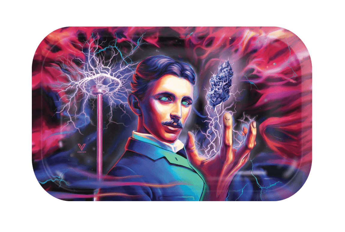 A detailed portrait featured on the V-Syndicate Metal Rolling Trays, illuminated with dramatic, electric blue highlights.