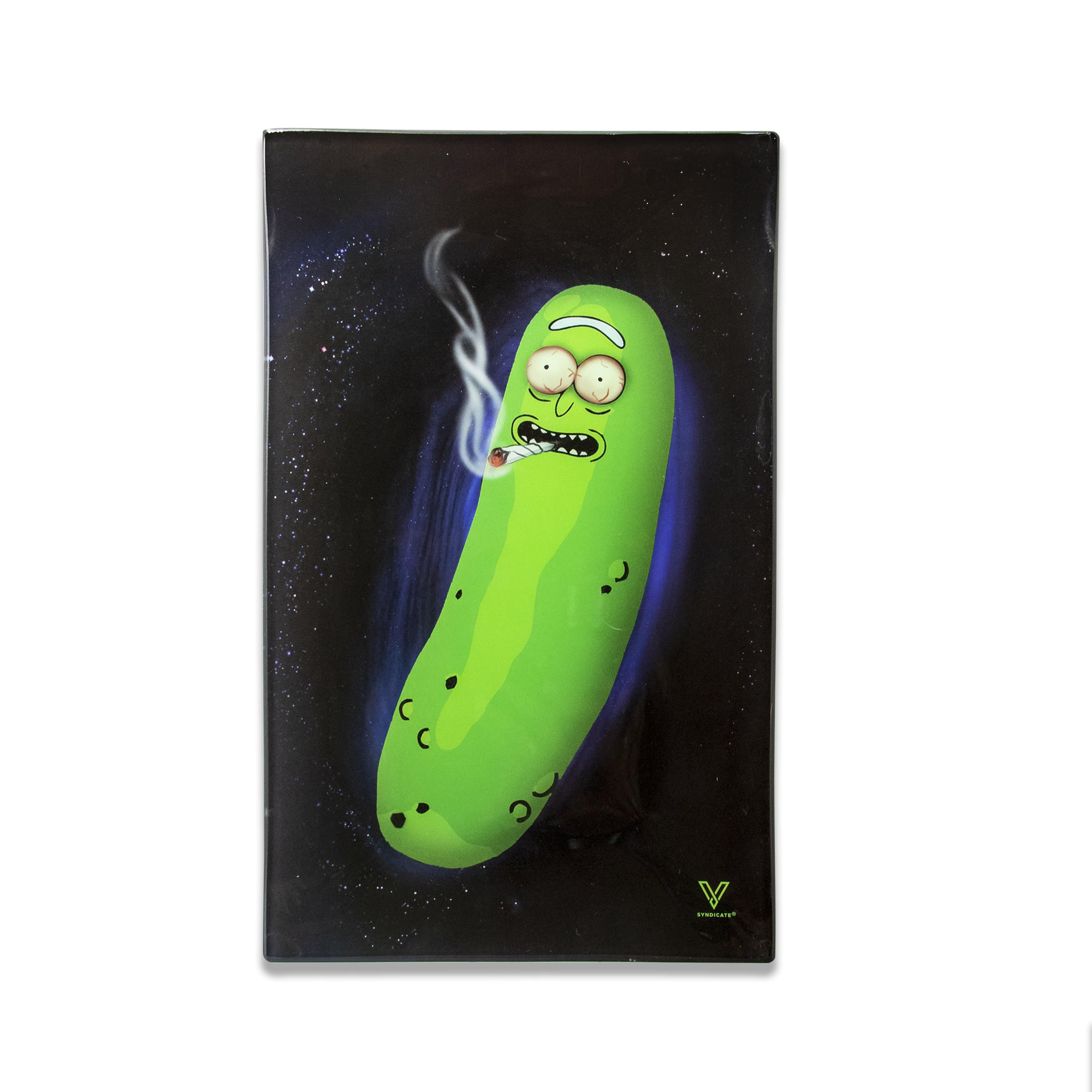 A top-down view of the V-Syndicate Glass Rolling Trays featuring a detailed pickle graphic on a dark background.