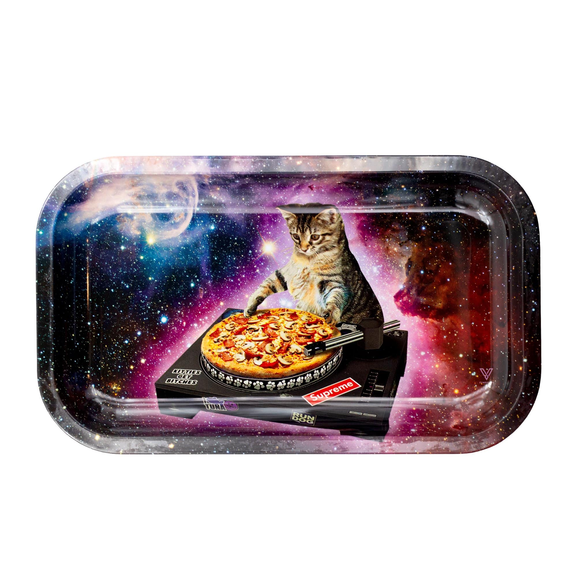 A top-down view of the V-Syndicate Metal Rolling Trays displaying a colorful space scene with a cat image.
