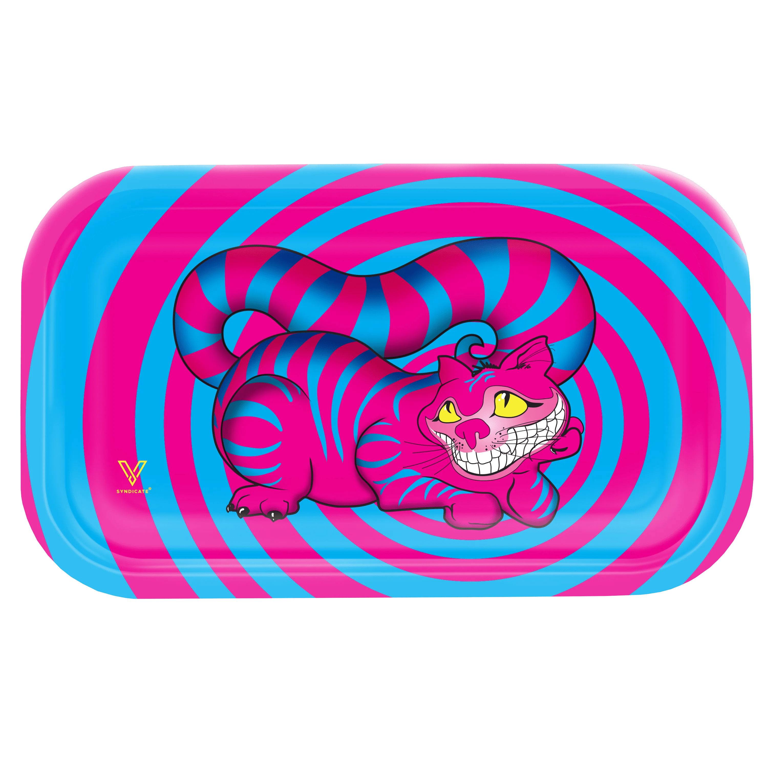 A close-up overhead view of the V-Syndicate Metal Rolling Trays, featuring a vibrant, swirling psychedelic cat design.