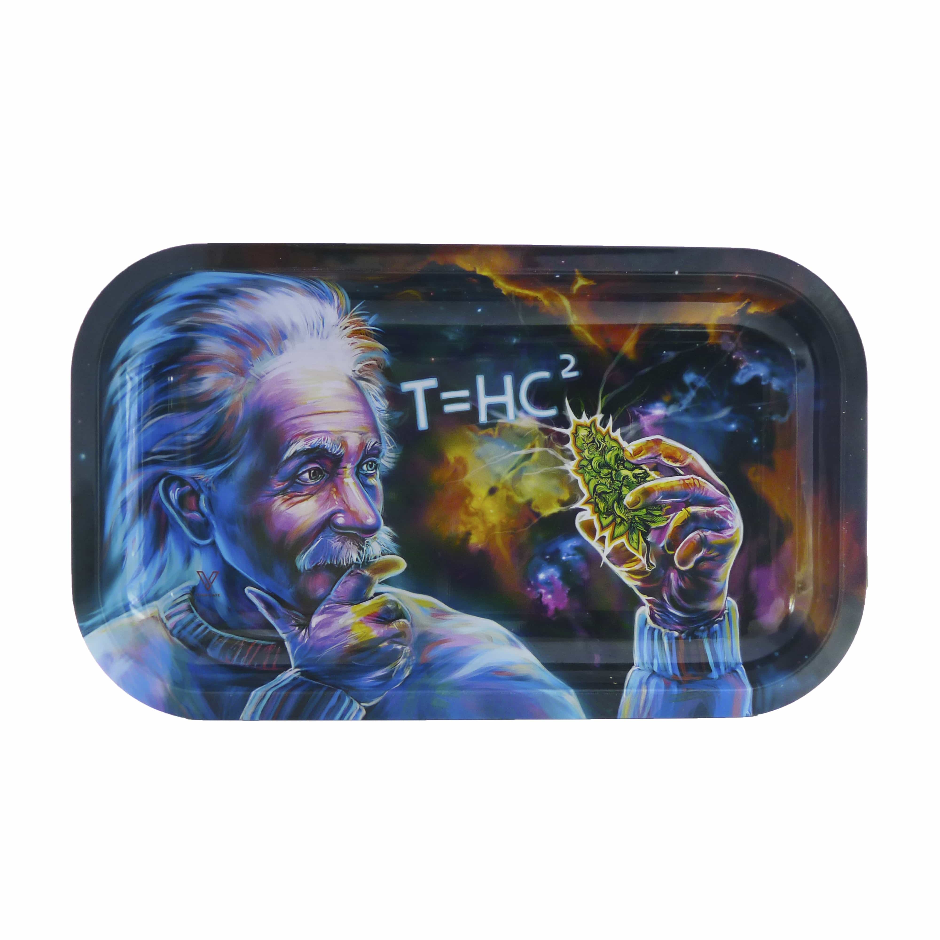 A detailed close-up of the V-Syndicate Metal Rolling Trays featuring a colorful portrait design with a vibrant, artistic background.