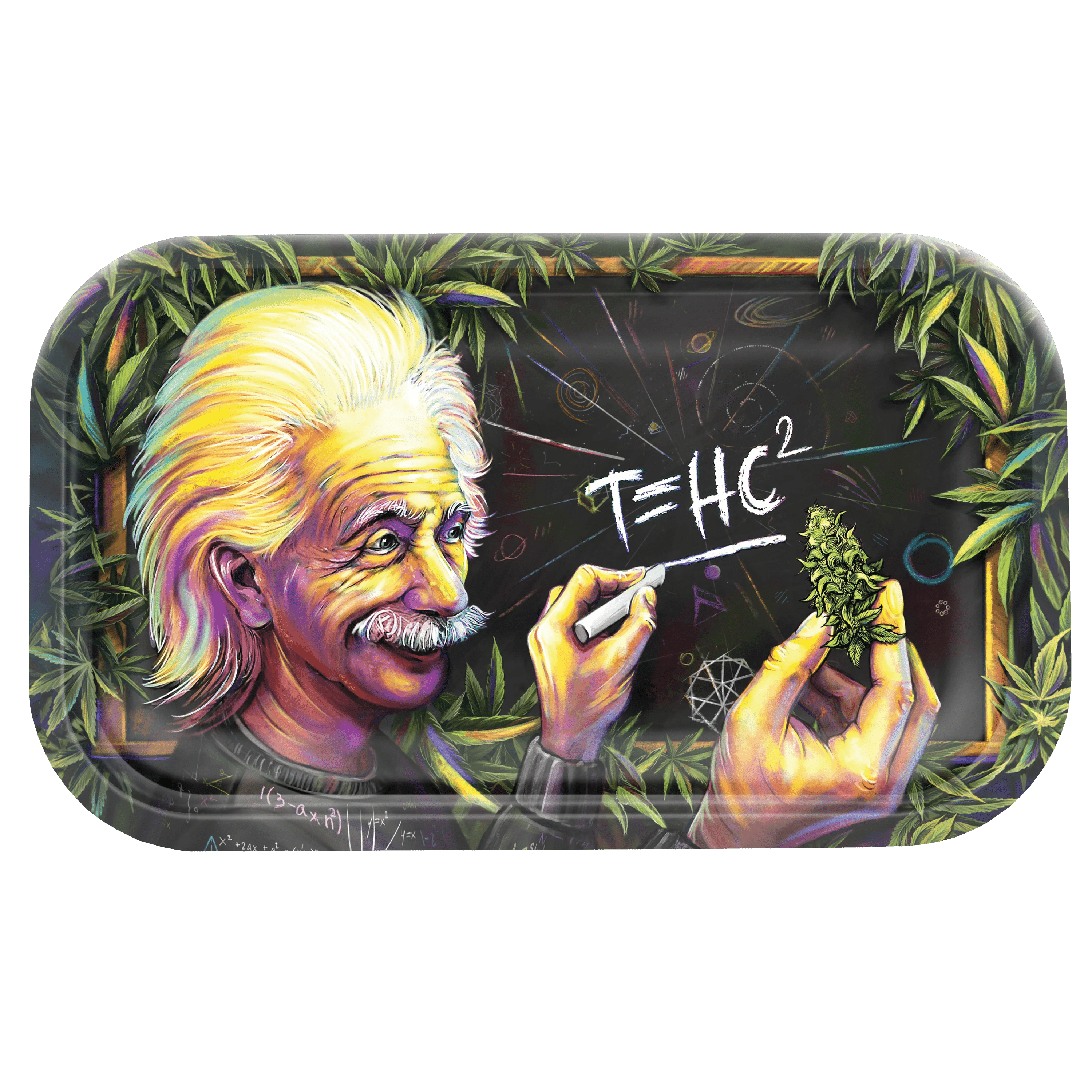 A top-down view of the V-Syndicate Metal Rolling Trays featuring a colorful portrait and detailed design.