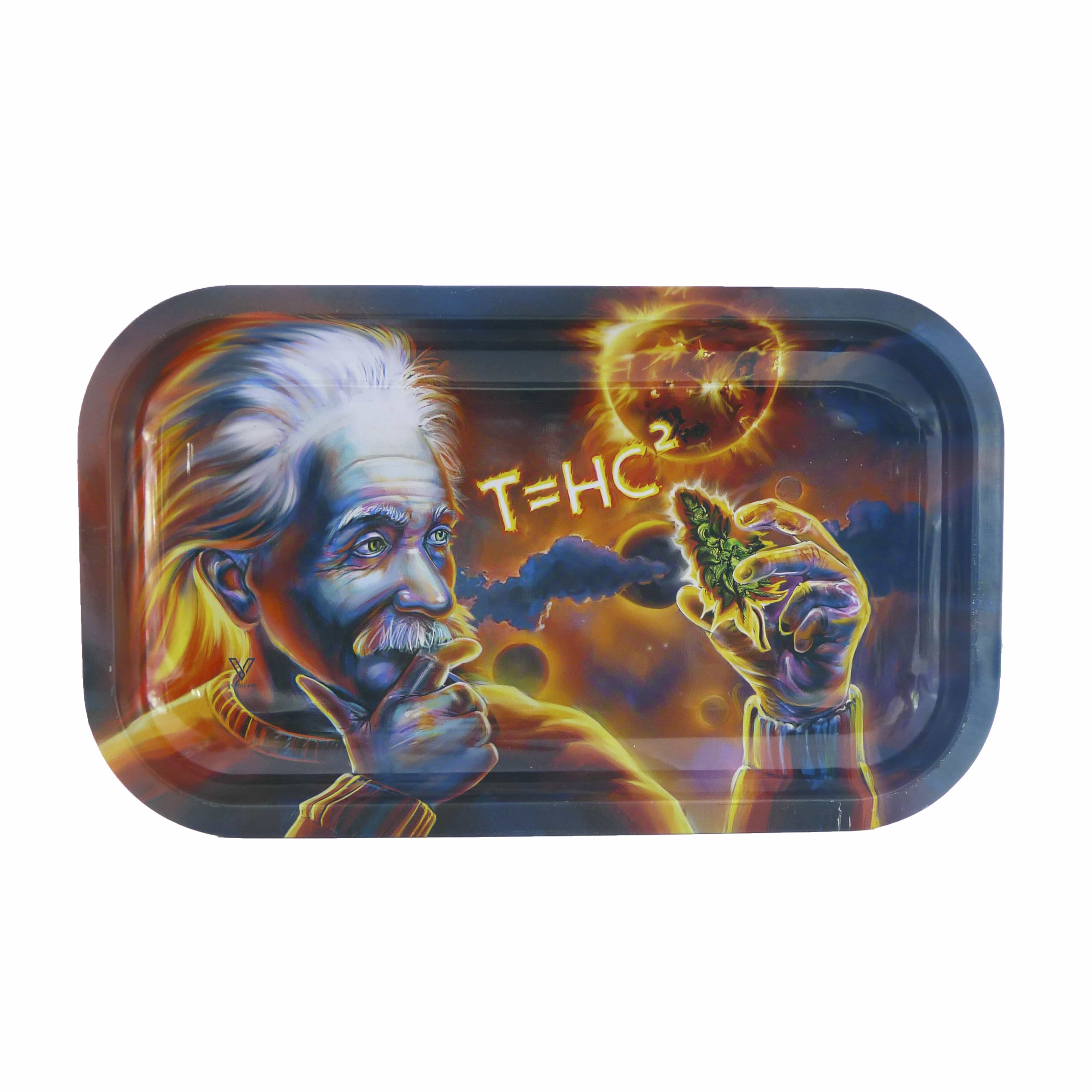 A detailed, overhead view of the V-Syndicate Metal Rolling Trays, showcasing a colorful graphic design and metallic sheen.