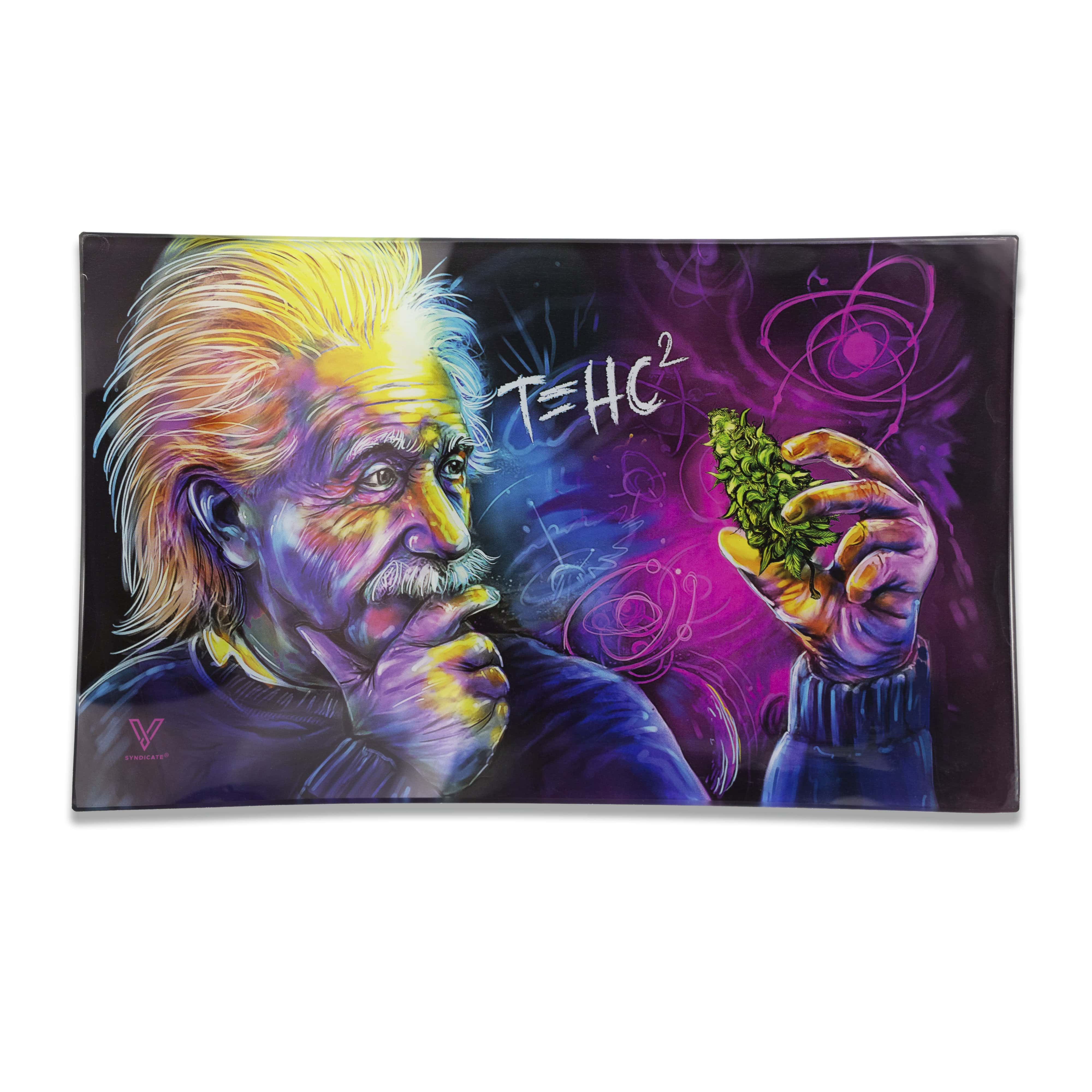 A vibrant, top-down view of the V-Syndicate Glass Rolling Tray depicts an artistic image resembling Albert Einstein.