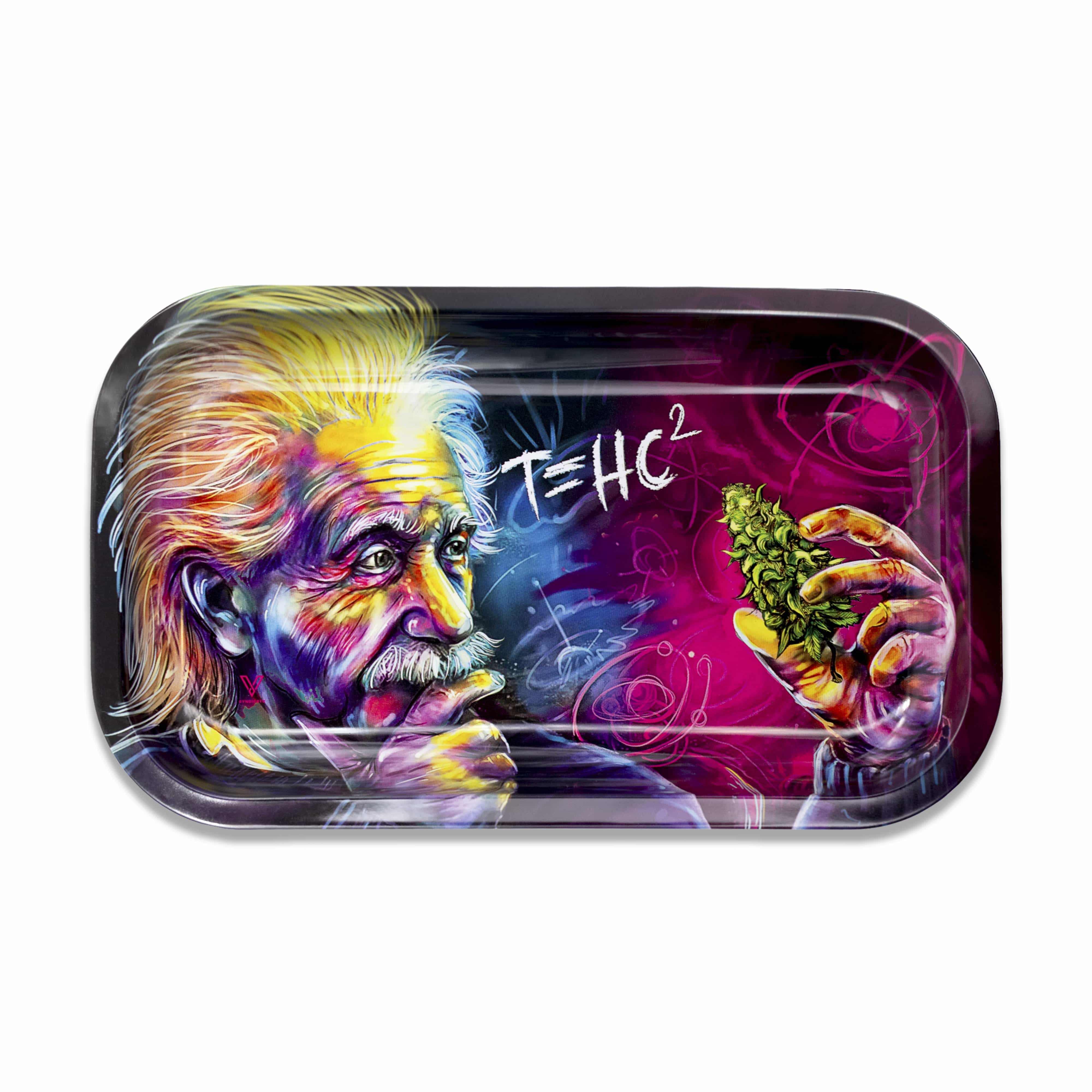 A close-up of the V-Syndicate Metal Rolling Trays displaying a portrait of Albert Einstein with colorful smoke swirling around his face.