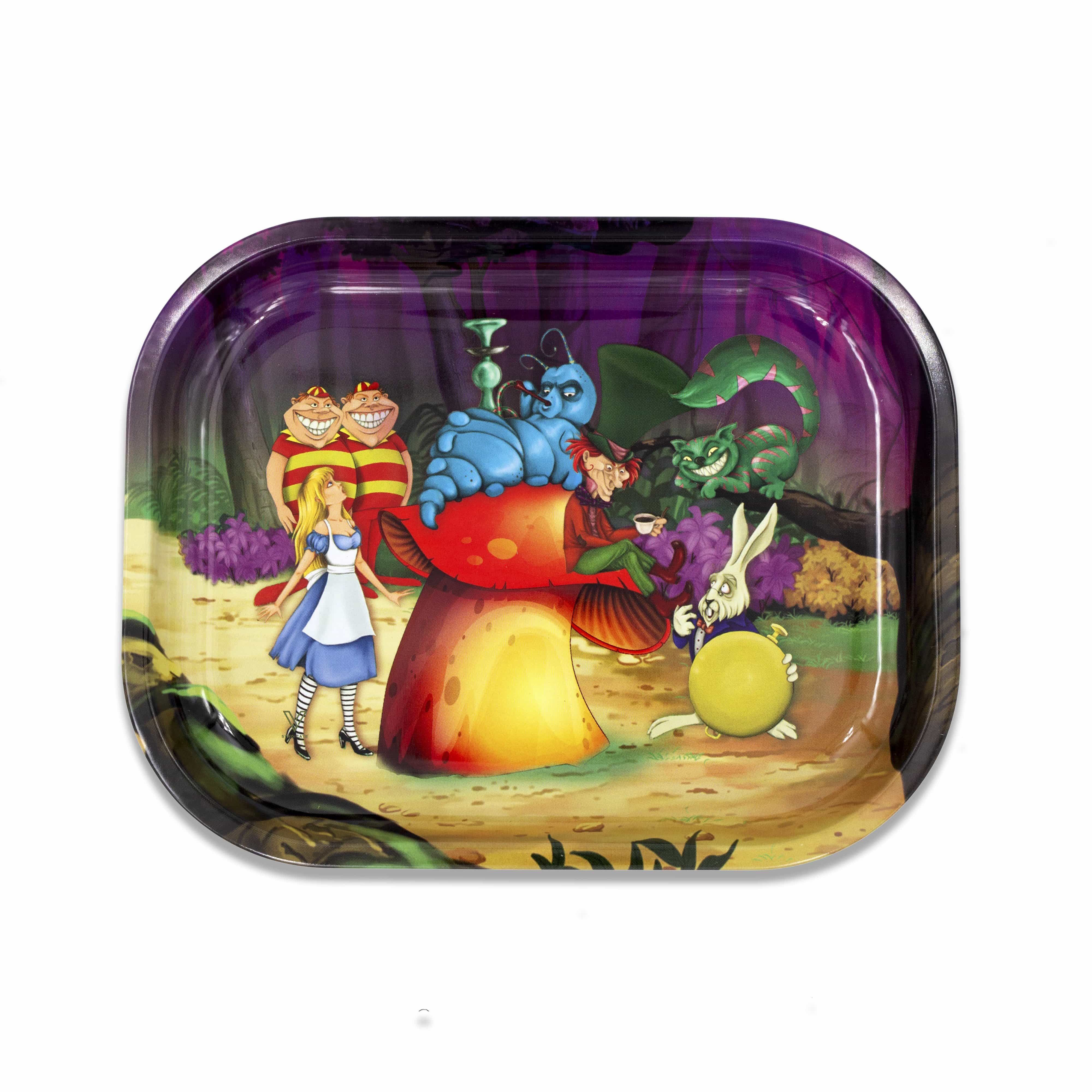 A top-down view of the V-Syndicate Metal Rolling Trays displaying a whimsical, colorful illustration of a character in a forest setting.