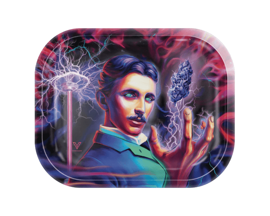 A detailed illustration on the V-Syndicate Metal Rolling Tray shows a man with sparking electricity emanating from his hands.