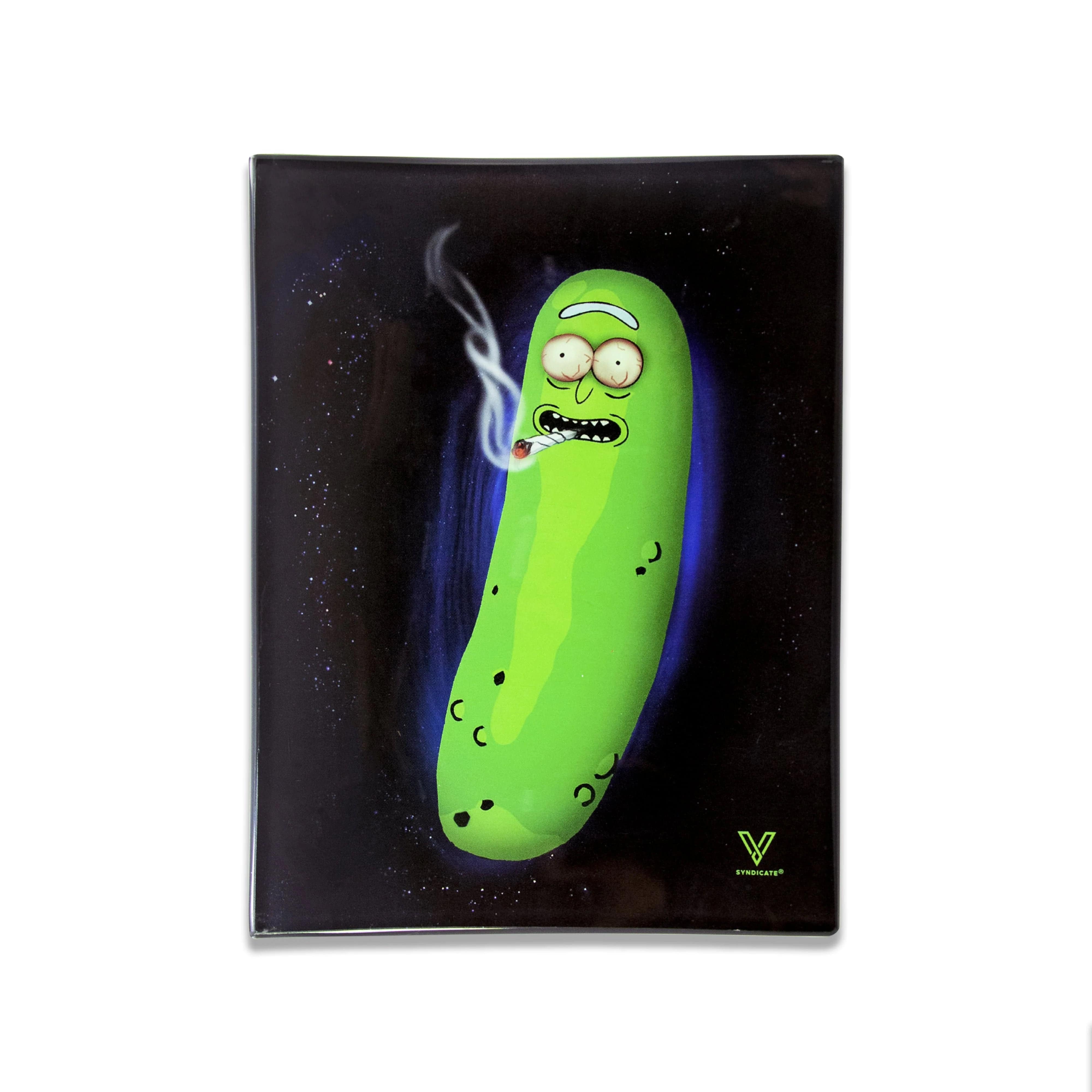 A close-up of the V-Syndicate Glass Rolling Trays, showing a vibrant, detailed graphic on a black background.