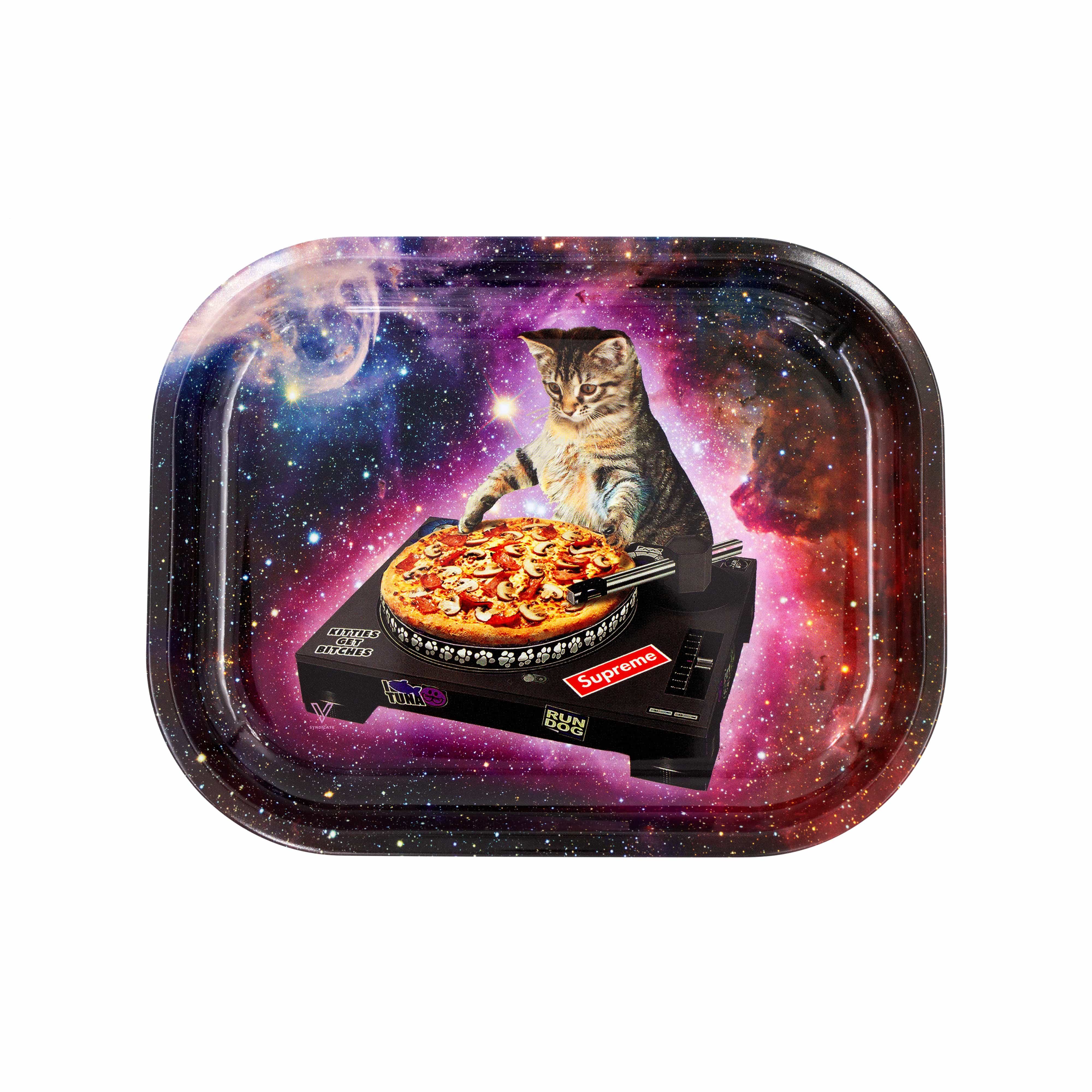 A top-down view of the V-Syndicate Metal Rolling Trays displaying a colorful, cosmic nebula design with a shimmering, reflective surface.