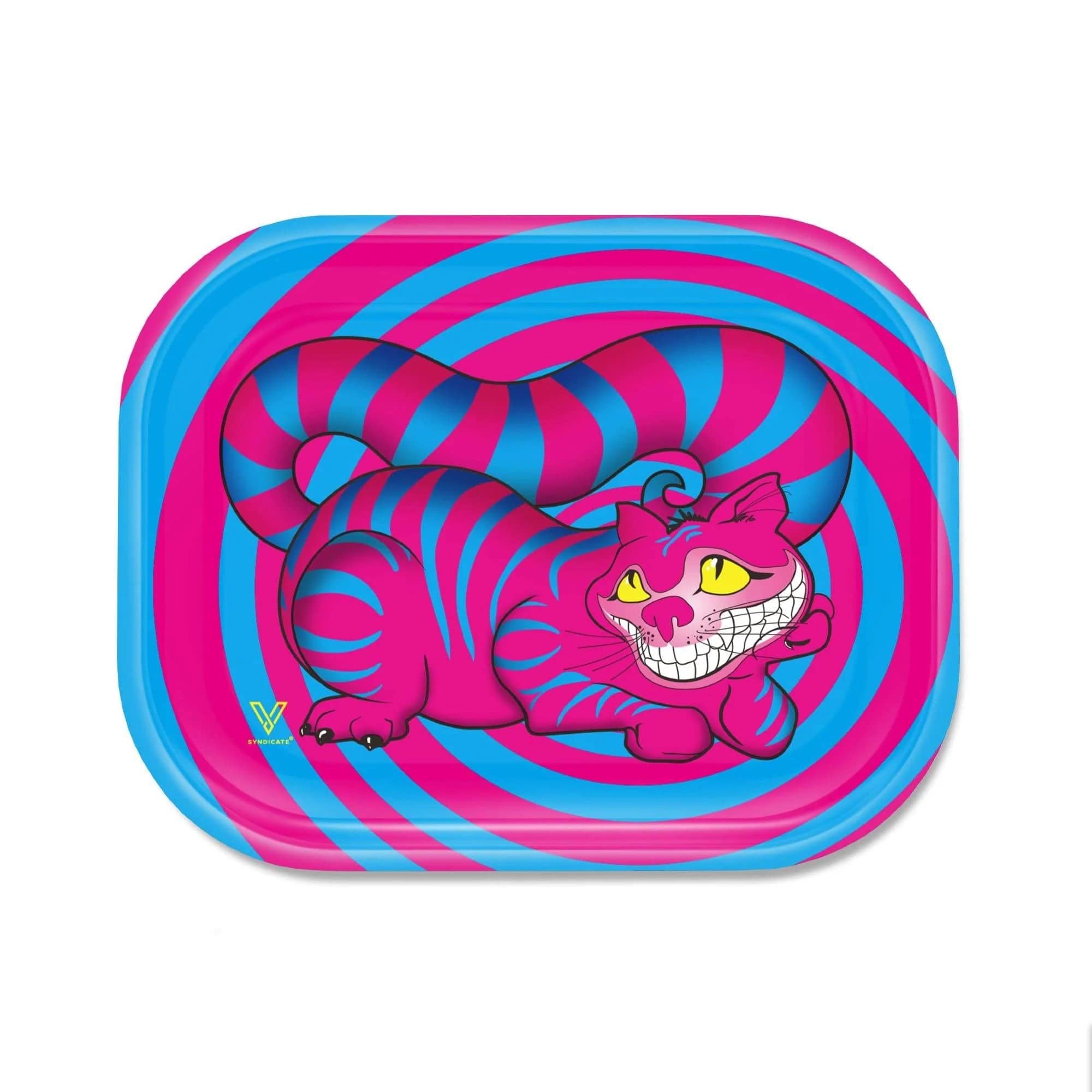 A vibrant, top-down view of the V-Syndicate Metal Rolling Trays featuring a colorful, psychedelic cat design.