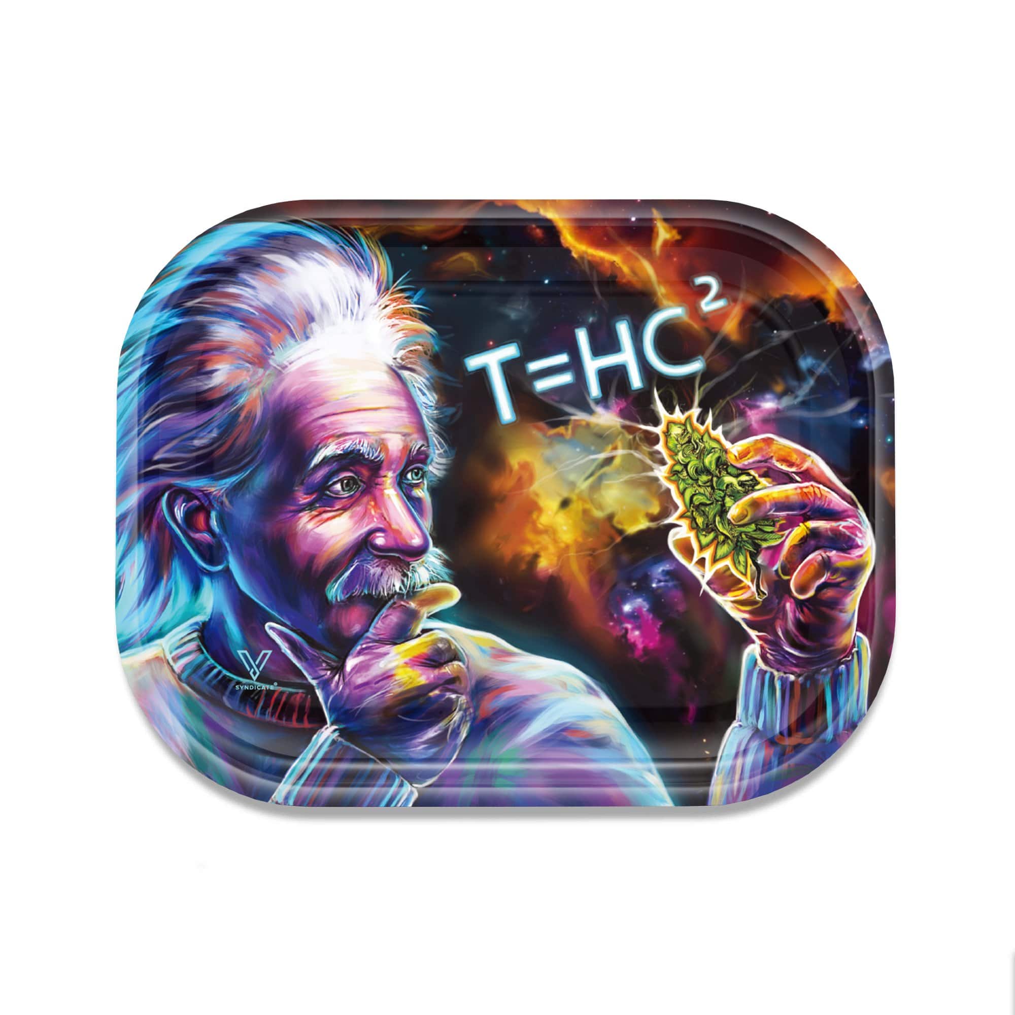 A vibrant, detailed portrait is featured on this V-Syndicate Metal Rolling Tray, with an artistic rendering of a historical figure against a colorful nebula background.