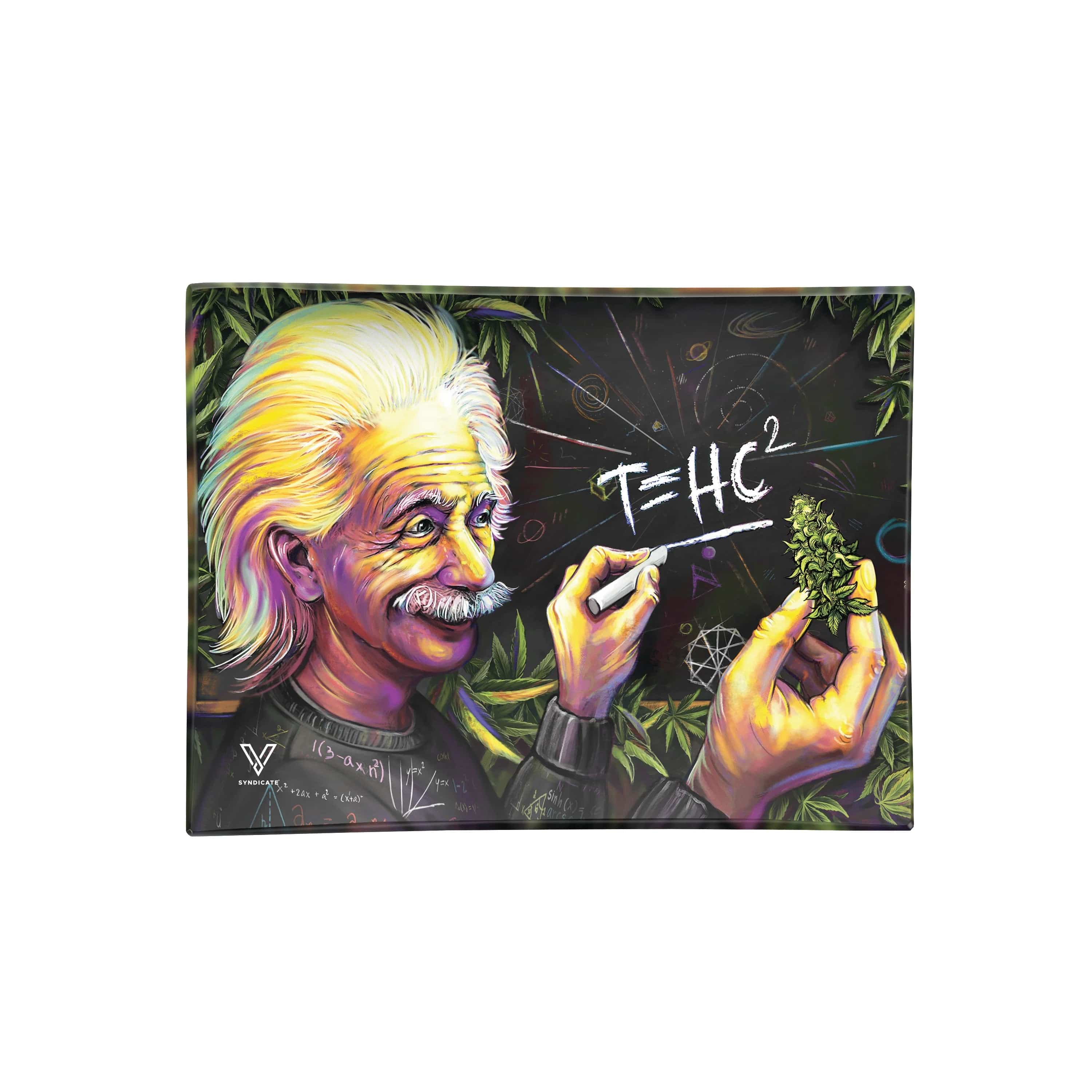 A top-down view of the V-Syndicate Glass Rolling Trays depicting a portrait with scientific equations and botanical imagery.