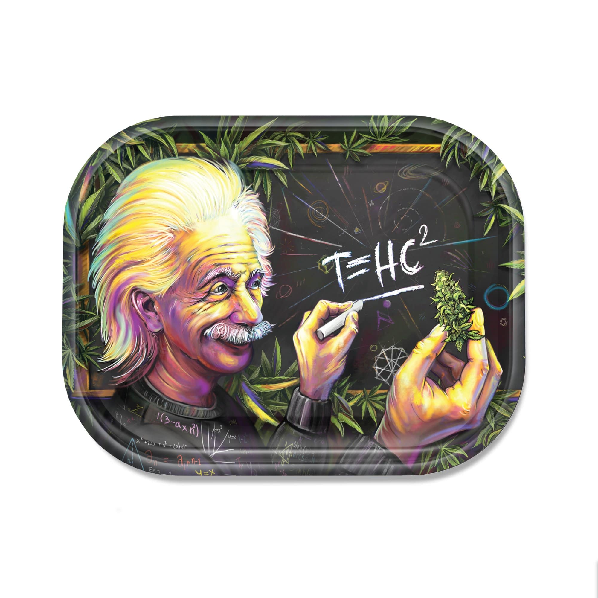 A close-up, overhead view of the V-Syndicate Metal Rolling Trays featuring a portrait design with scientific formulas overlaid on a metallic surface.