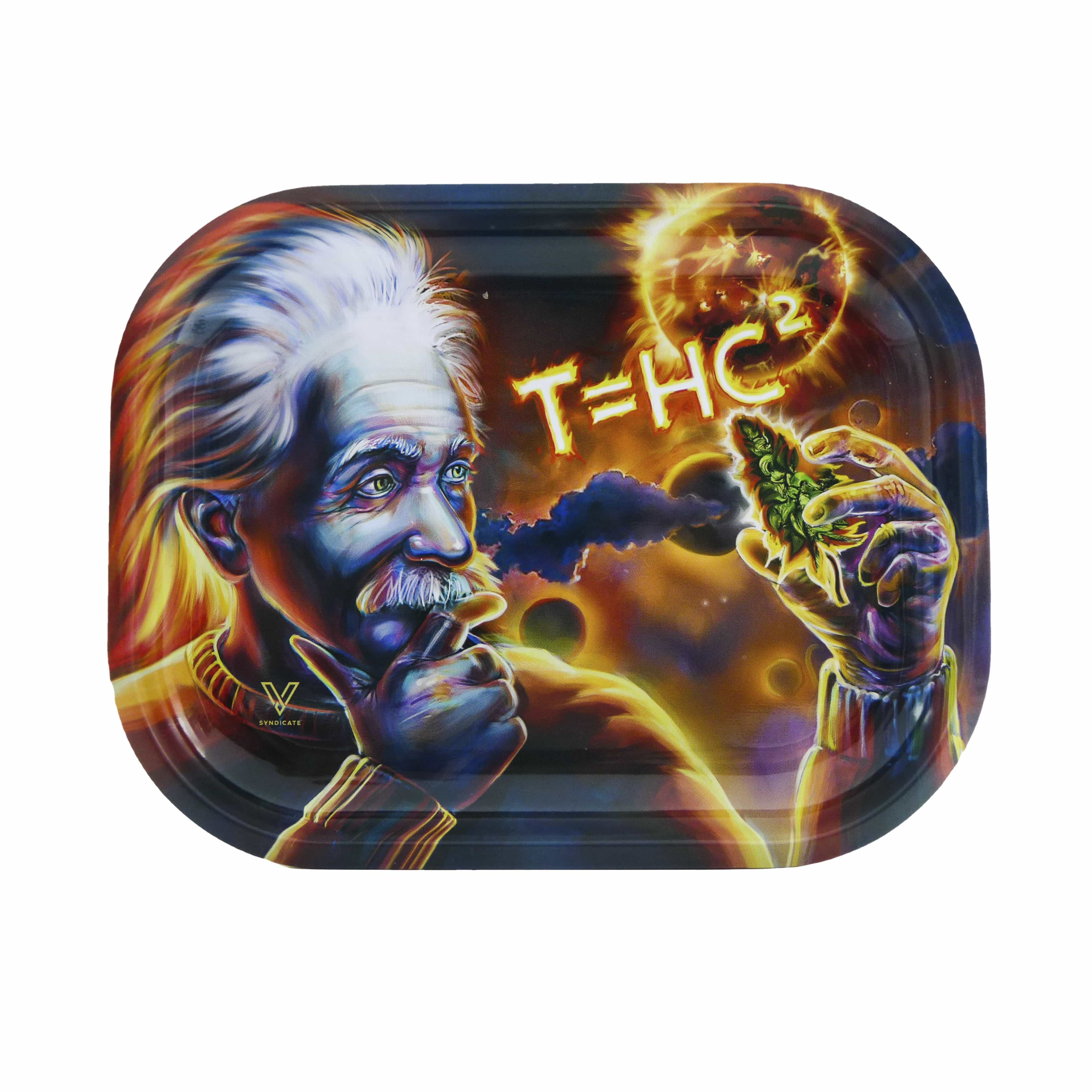 A vibrant, angled view of the V-Syndicate Metal Rolling Tray with a detailed illustration of a face amid flames.