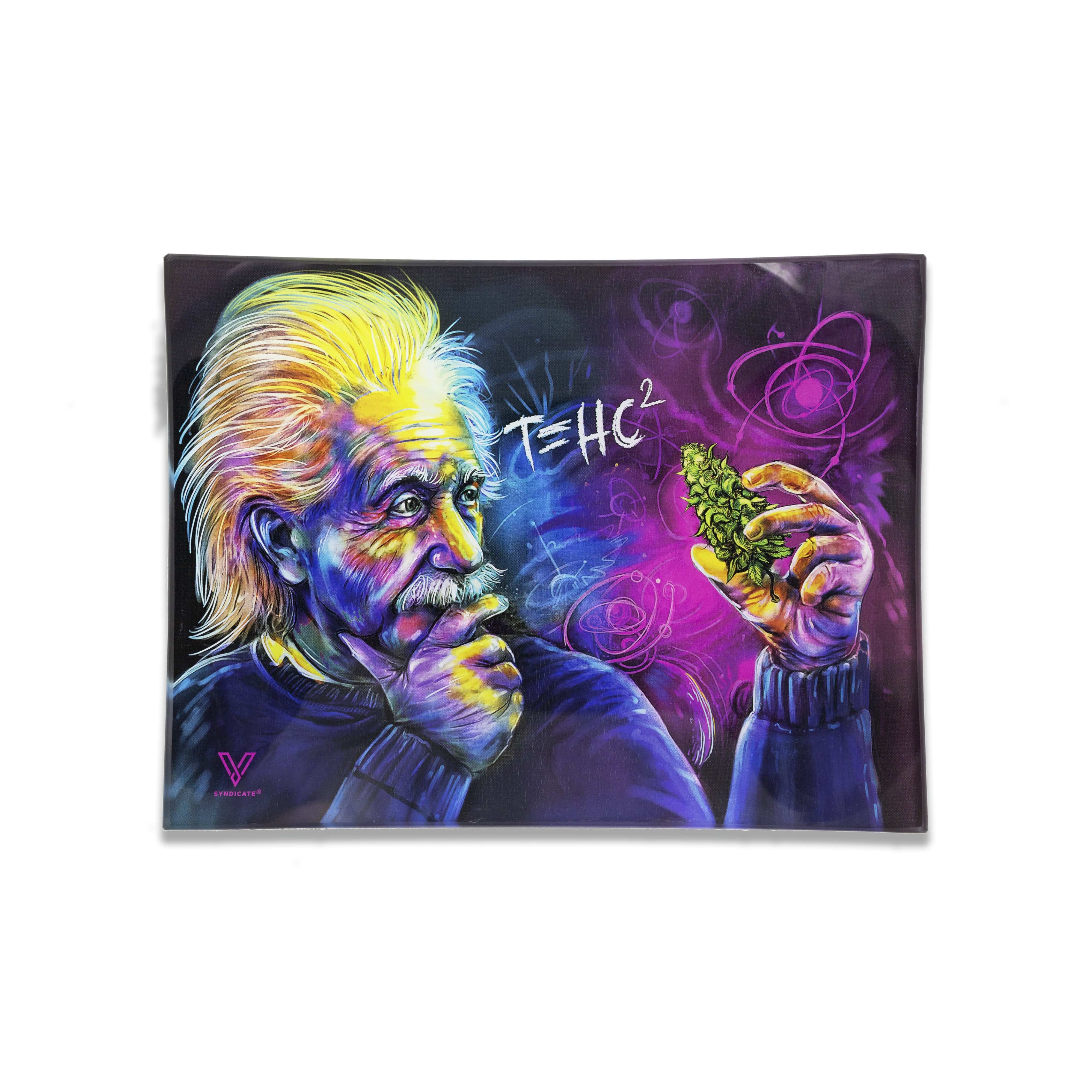 A detailed view of the V-Syndicate Glass Rolling Trays depicts a portrait design with vibrant, cosmic colors and swirling patterns.