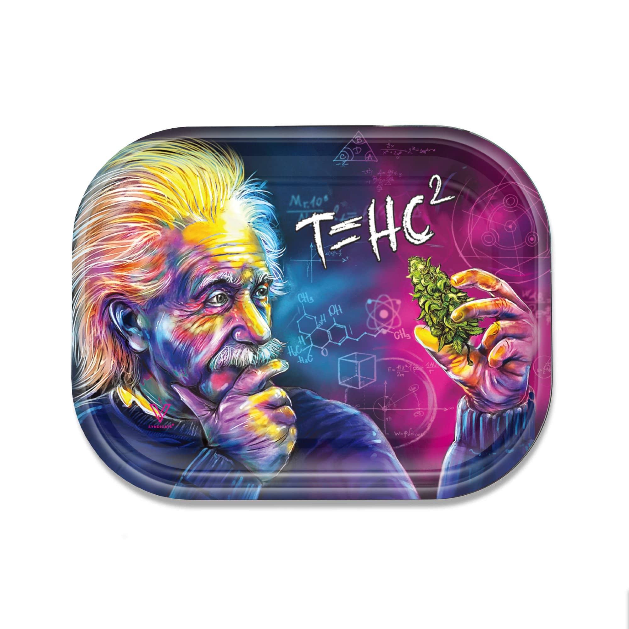 A detailed close-up of the V-Syndicate Metal Rolling Trays depicting a portrait with scientific formulas across a metallic surface.