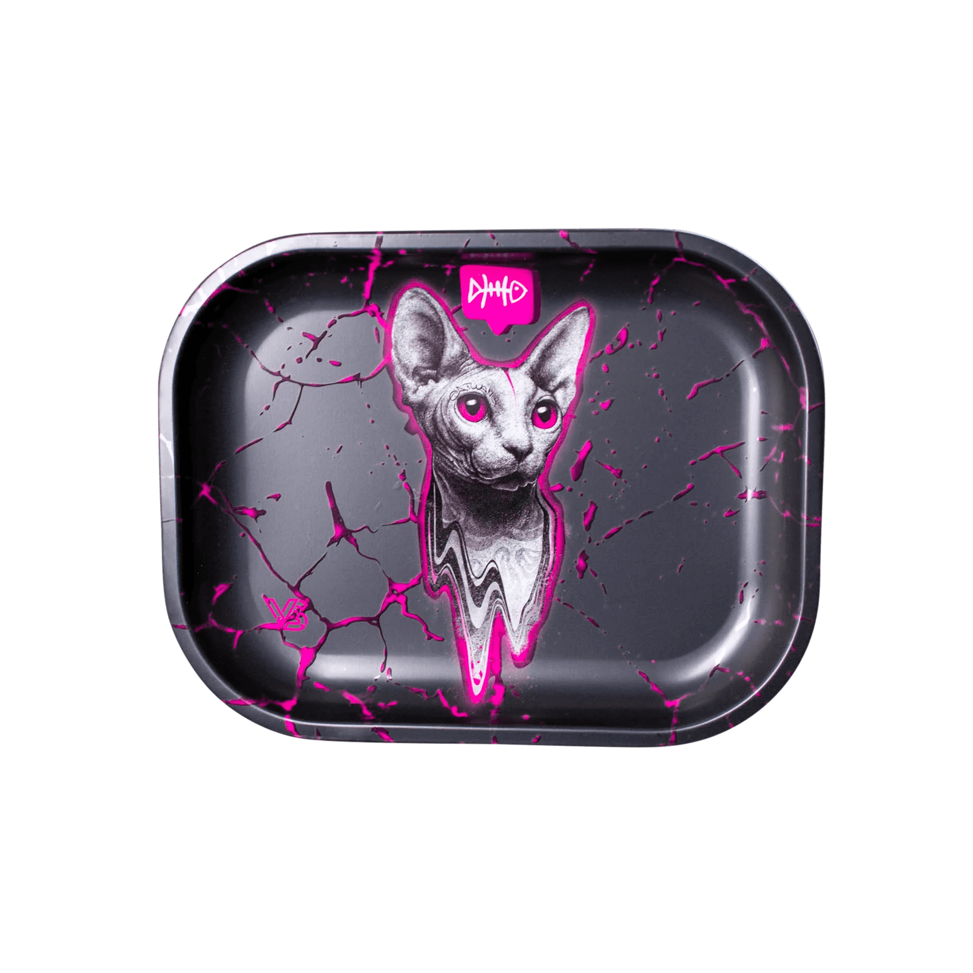 A top-down view of the V-Syndicate Metal Rolling Trays, showing a black tray with a striking graphic design.