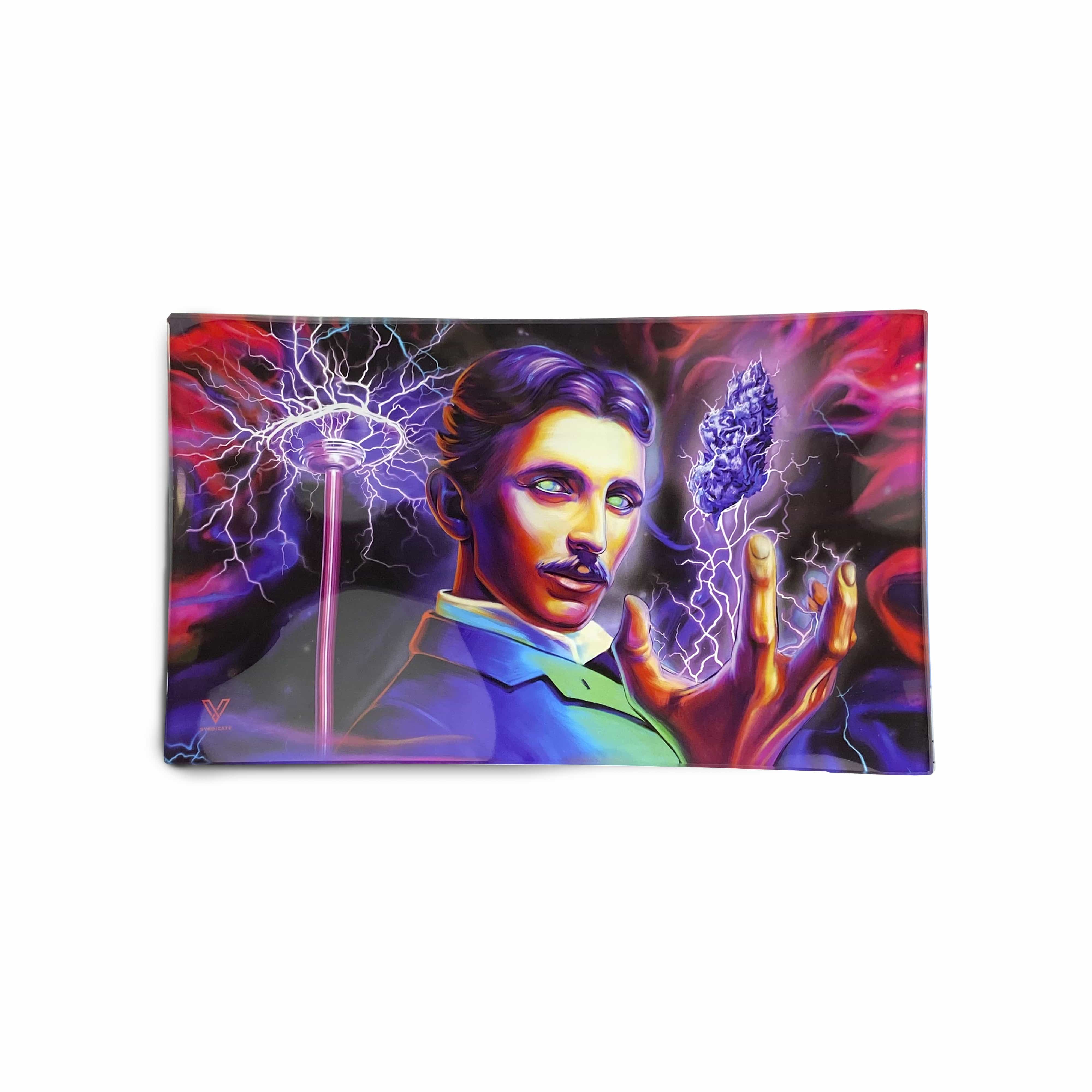 The V-Syndicate Glass Rolling Trays depict a painted portrait with electrical arcs emanating from a man’s hands.