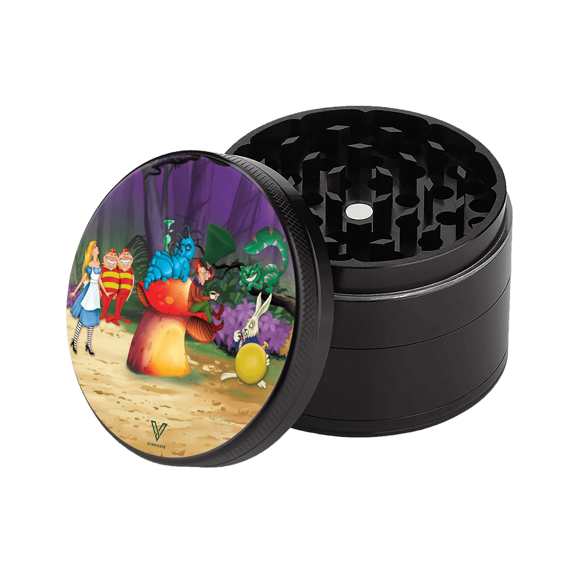 The open SharpShred 4 Piece Grinders showcases a colorful, detailed illustration on its lid, with the grinding teeth visible inside.