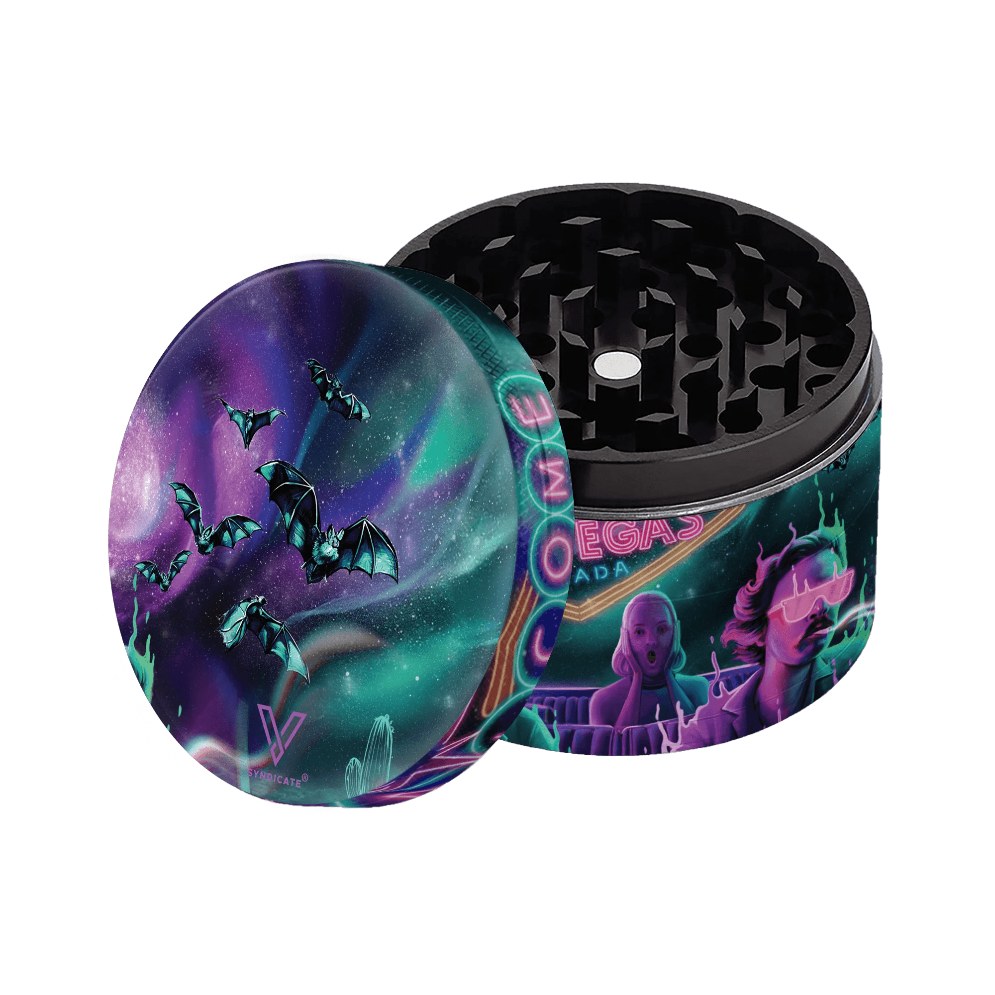 A close-up, angled view of the SharpShred 4 Piece Grinders showcasing its metallic, multi-tiered construction.