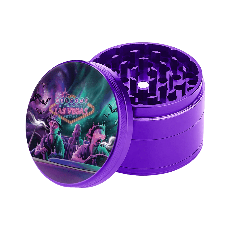 A top-down view of the open, four-piece SharpShred grinder showcasing its metallic purple finish and internal grinding components.