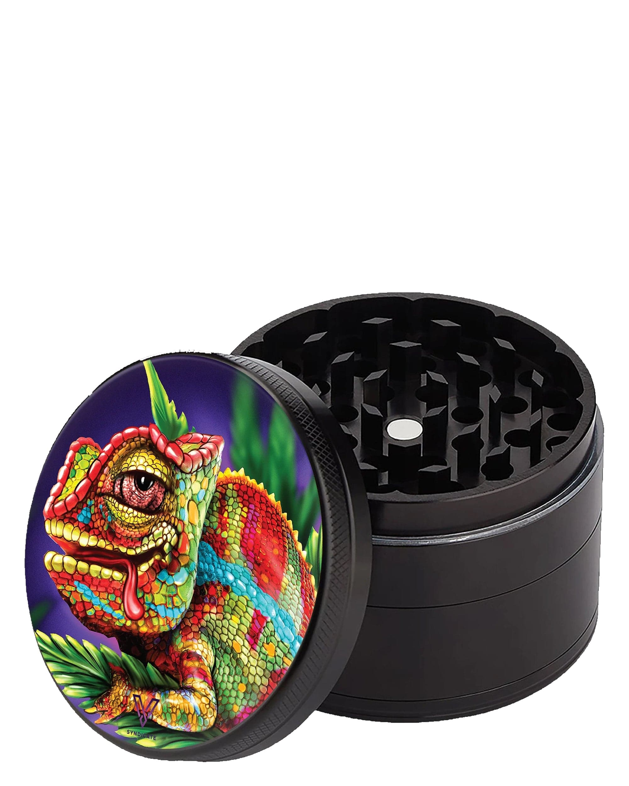 A top-down view of the open SharpShred 4 Piece Grinders, showcasing the multi-tiered grinding mechanism within a metallic casing.