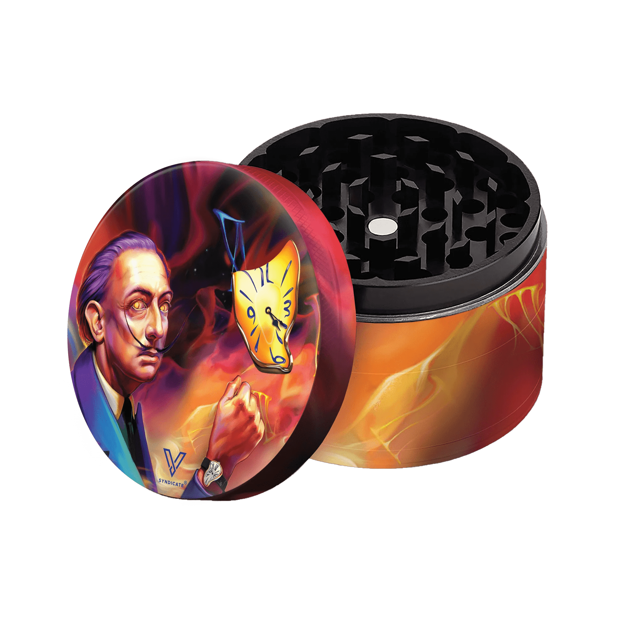 Top-down view of the SharpShred 4 Piece Grinders, showcasing a colorful, illustrated design on the metallic grinder lid.