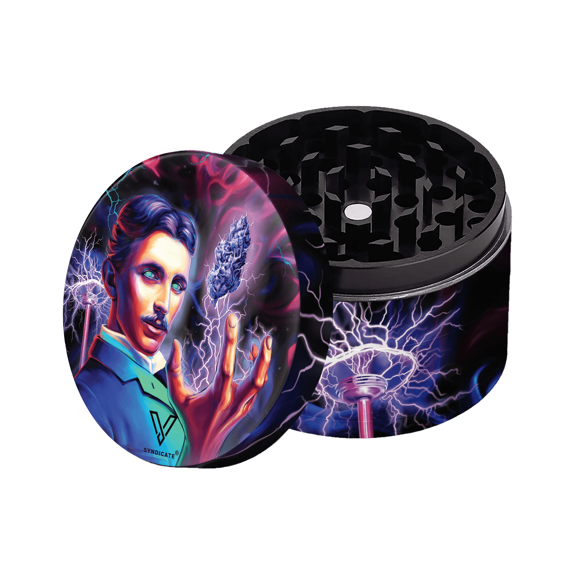 A close-up, angled view of the SharpShred 4 Piece Grinders, featuring a striking design with vibrant, energetic colors.