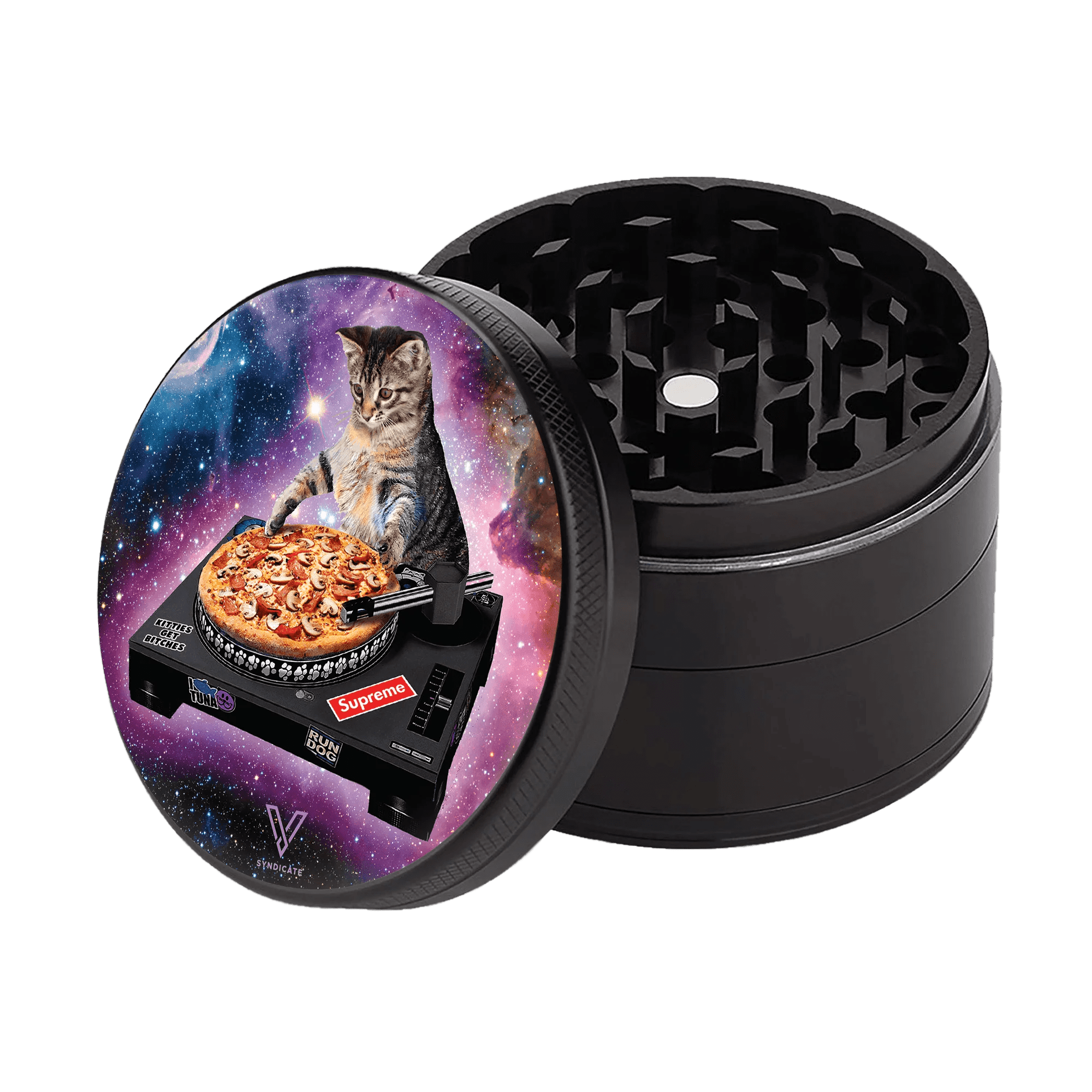 A close-up, angled view of the four-piece SharpShred Grinders with a galaxy-inspired design on a black surface.