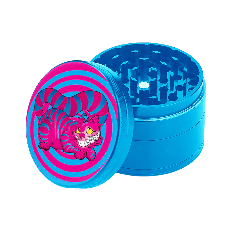 A top-down view of the four-piece SharpShred grinder, displaying its metallic blue finish and disassembled parts on a white background.