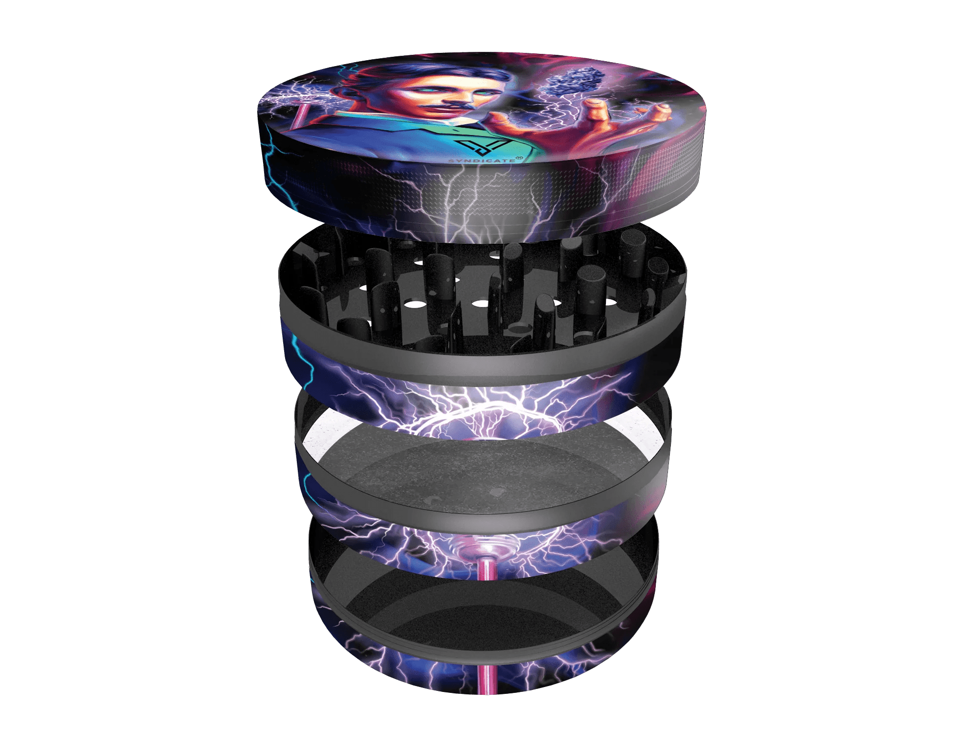 An angled view showcases the four pieces of the SharpShred 4 Piece Grinders, displaying a textured surface and metallic accents.