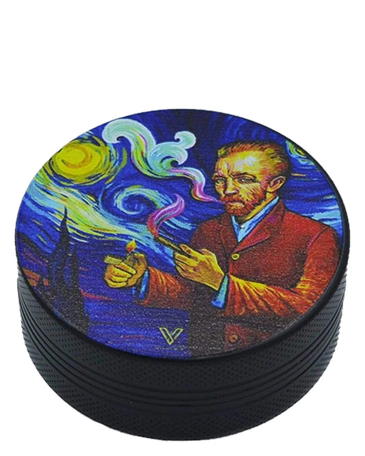 Front view of the SharpShred 2 Piece Grinders, showcasing a painted portrait on its black, cylindrical body.