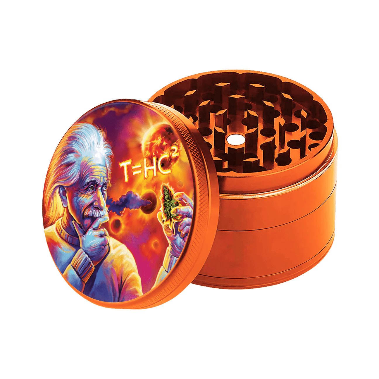 A top-down view of the four-piece SharpShred grinder with a colorful portrait design on a silver metal finish.