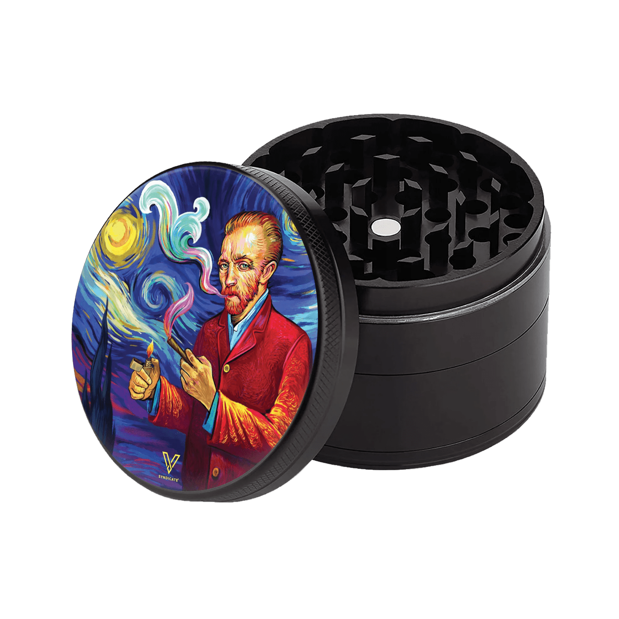 Top-down view of the open SharpShred 4 Piece Grinders, showcasing an artistic design on its metallic lid.