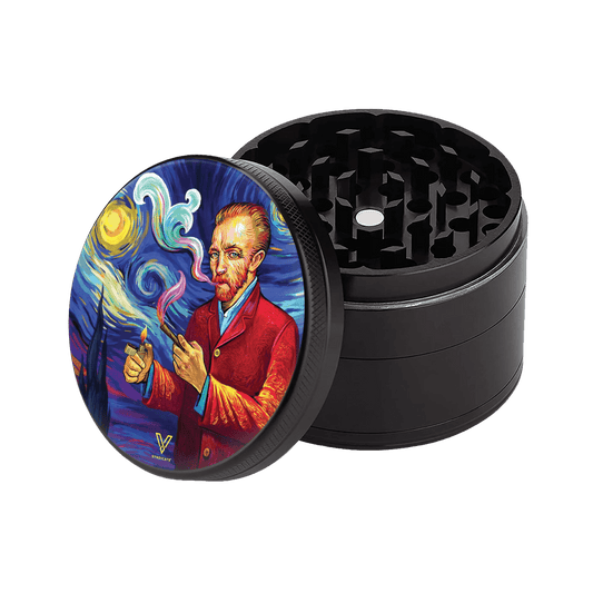 Top-down view of the open SharpShred 4 Piece Grinders, showcasing an artistic design on its metallic lid.