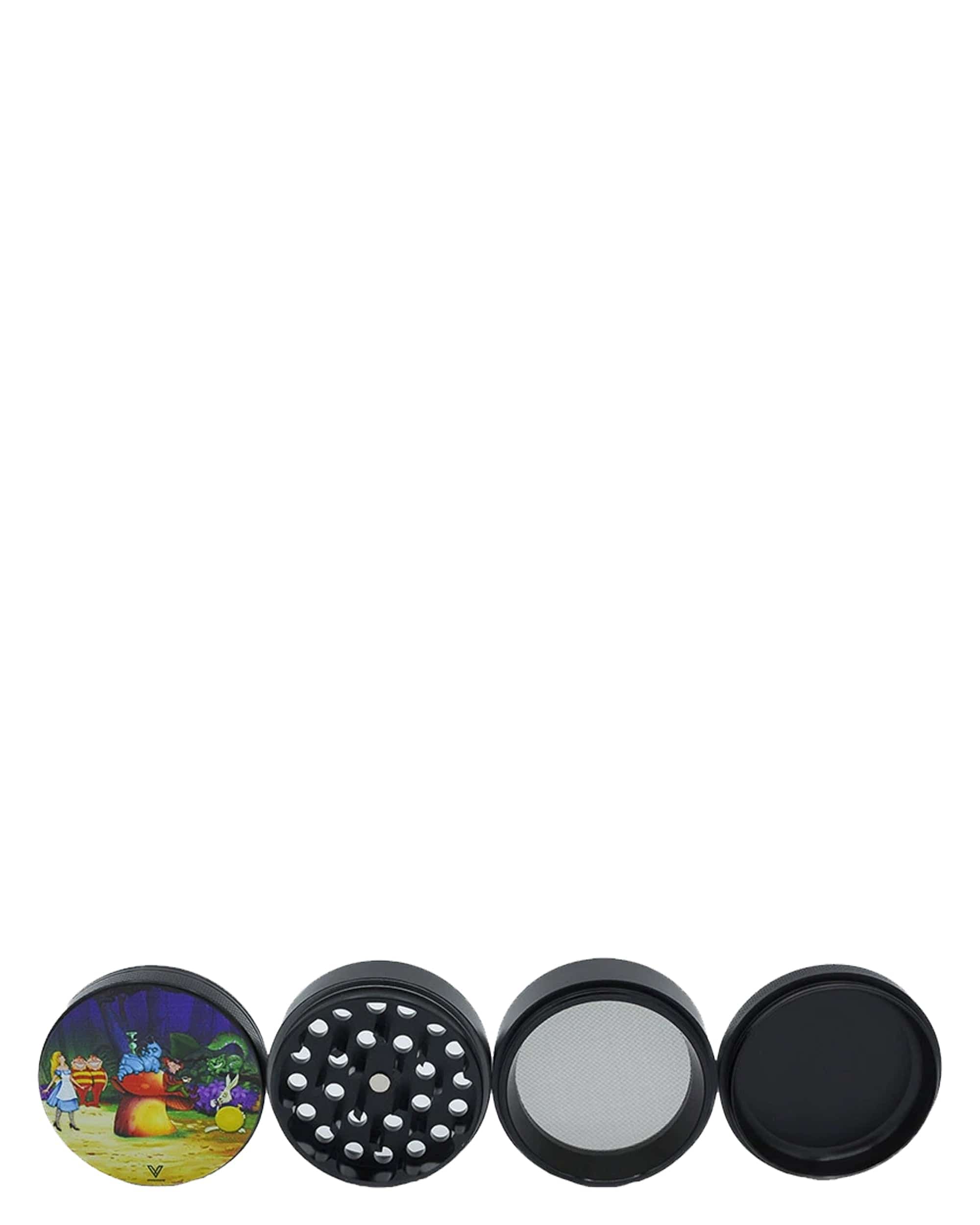 Overhead view of the four pieces of the SharpShred 4 Piece Grinders, showcasing their circular design and metallic finish.