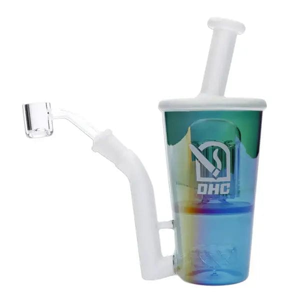 Front view of the April 2024 Big Wet Cup, a tall, clear glass piece with a curved neck and visible joint.