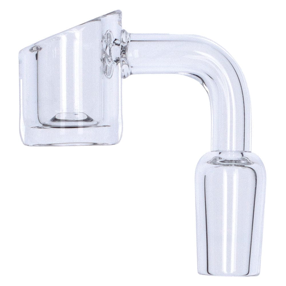 A close-up, angled view of the 90° Slashed Quartz Banger with a male joint, showcasing its clear glass construction.