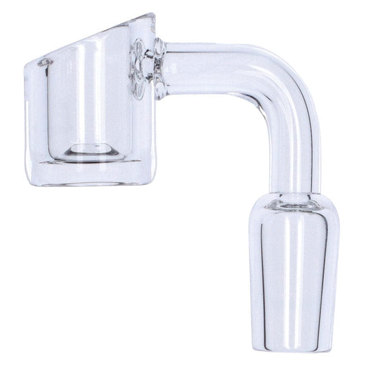 A close-up, angled view of the 90° Slashed Quartz Banger with a male joint, showcasing its clear glass construction.