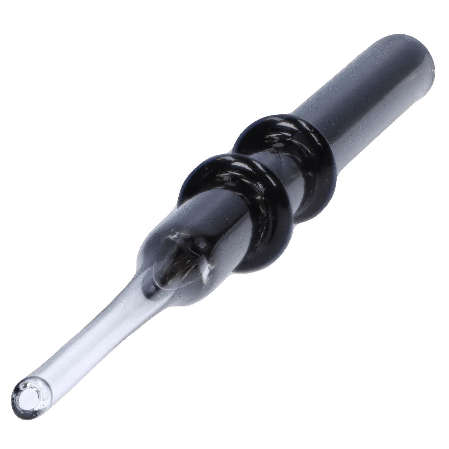Angled close-up of the DHC Double Rim Glass Straw showing a glossy black double-rim detail and tapered clear glass tip.