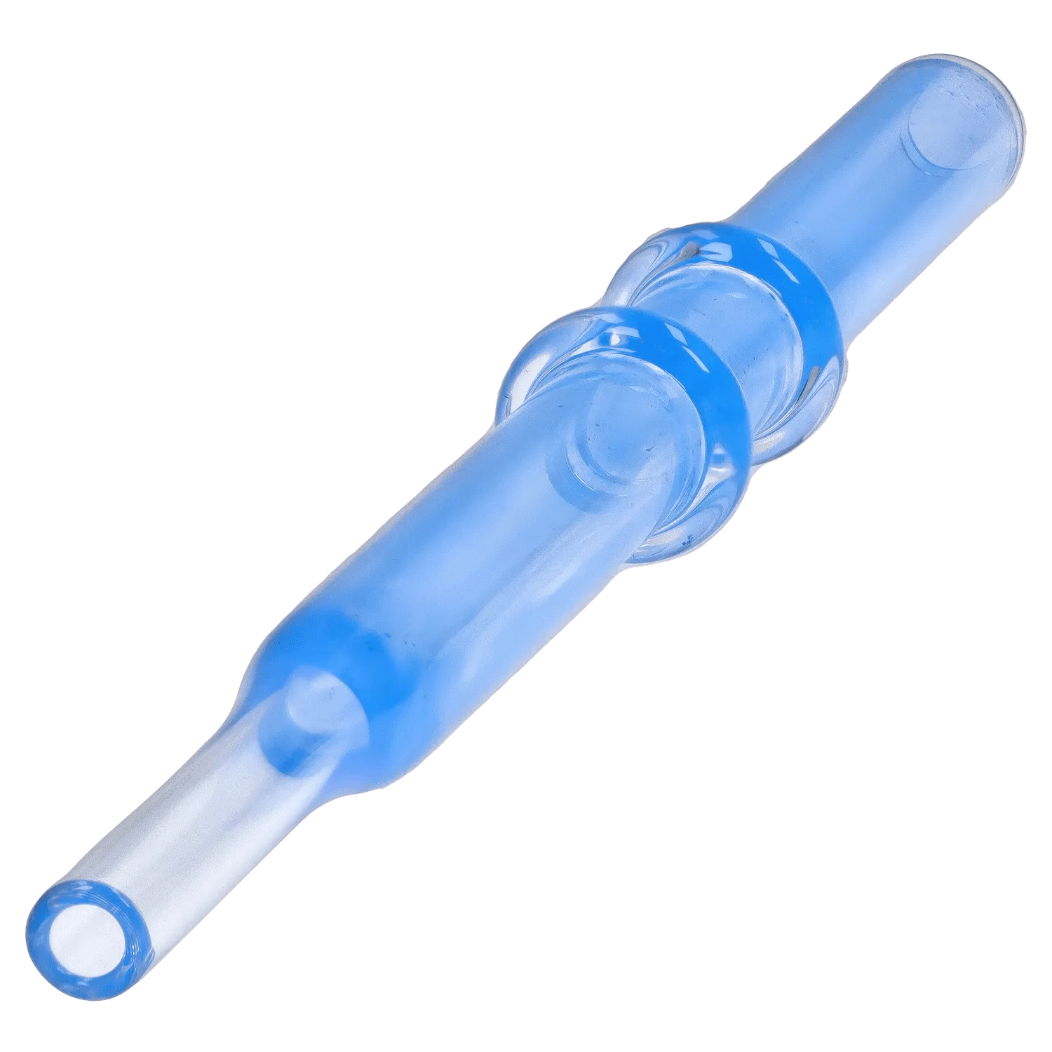 Angled close-up of a blue DHC Double Rim Glass Straw showing its double-rimmed center and smooth translucent shaft against a white background