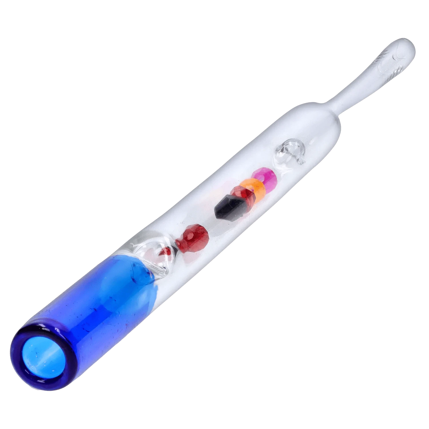 Angled close-up of the DHC Glass Straw with Beads showing its clear glass tube with a blue mouthpiece and a row of colorful internal beads.